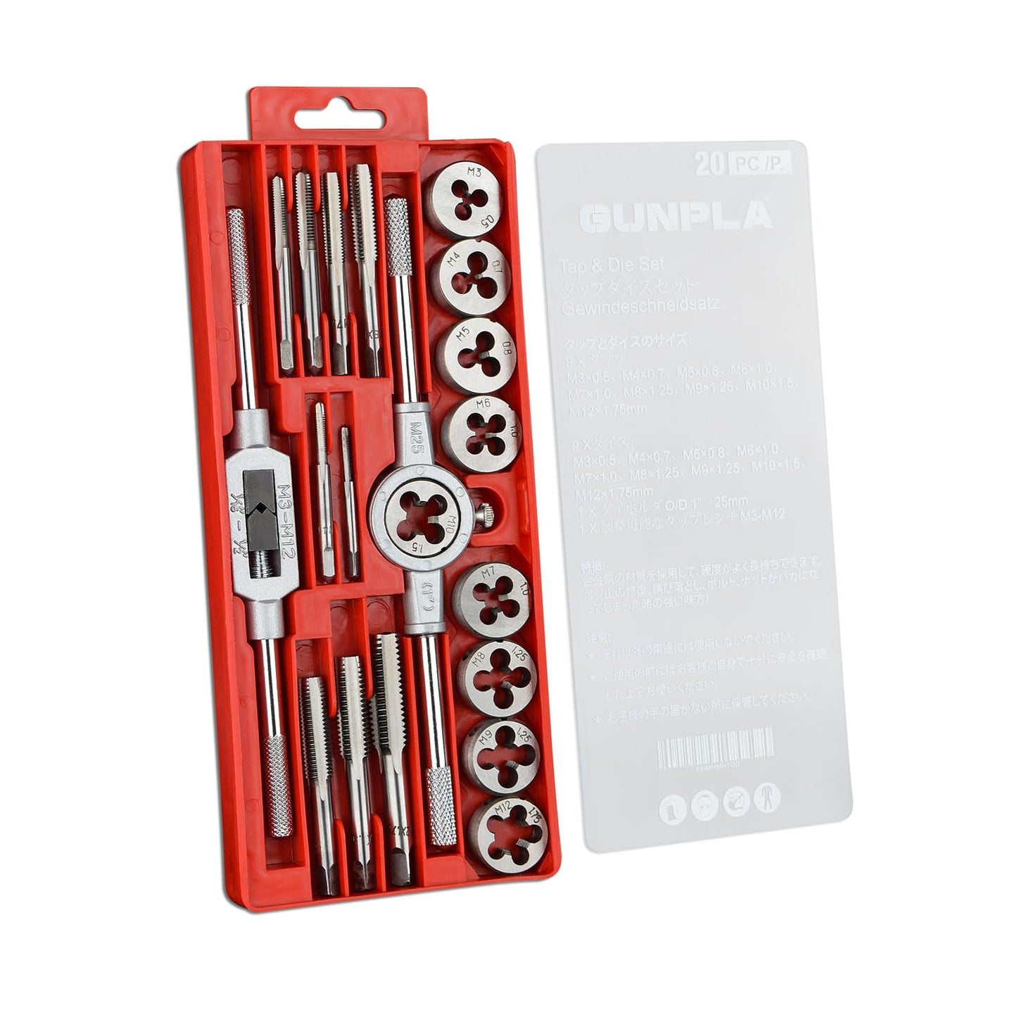Gunpla Tap and Die Set 20 Pieces Tungsten Alloy Steel Metric Tap and Die Kit M3-M12 Combination for Cutting External and Internal Thread with Storage
