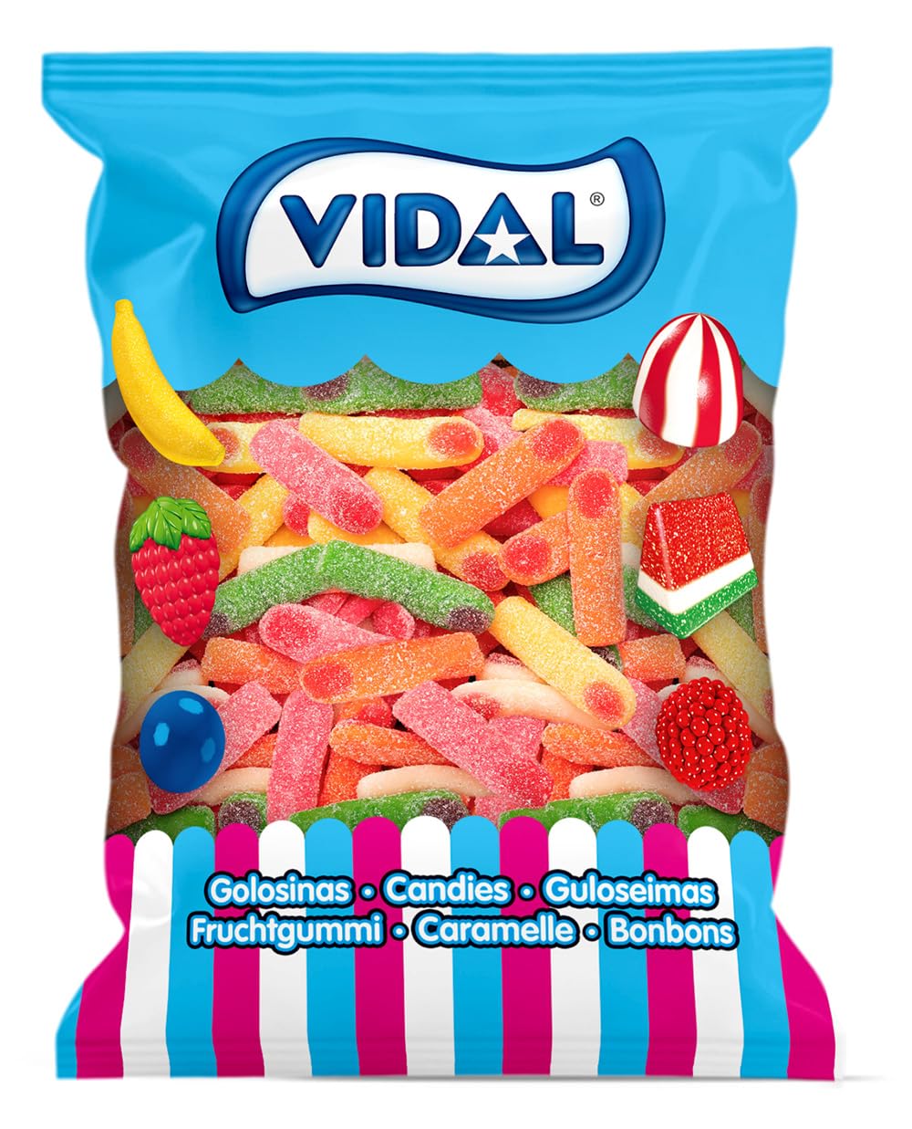 Vidal Treats Assorted Picked Fingers. Raspberry Flavored Gum Candy with Acid Coating. Pink, Yellow, Orange and Green Colours. Soft and Chewable