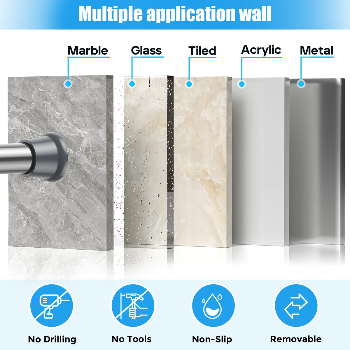 Zipglo Shower Curtain Pole 80-195cm, Extendable Curtain Poles Adjustable Tension Rods for Curtains Telescopic Curtain Poles No Drilling Shower