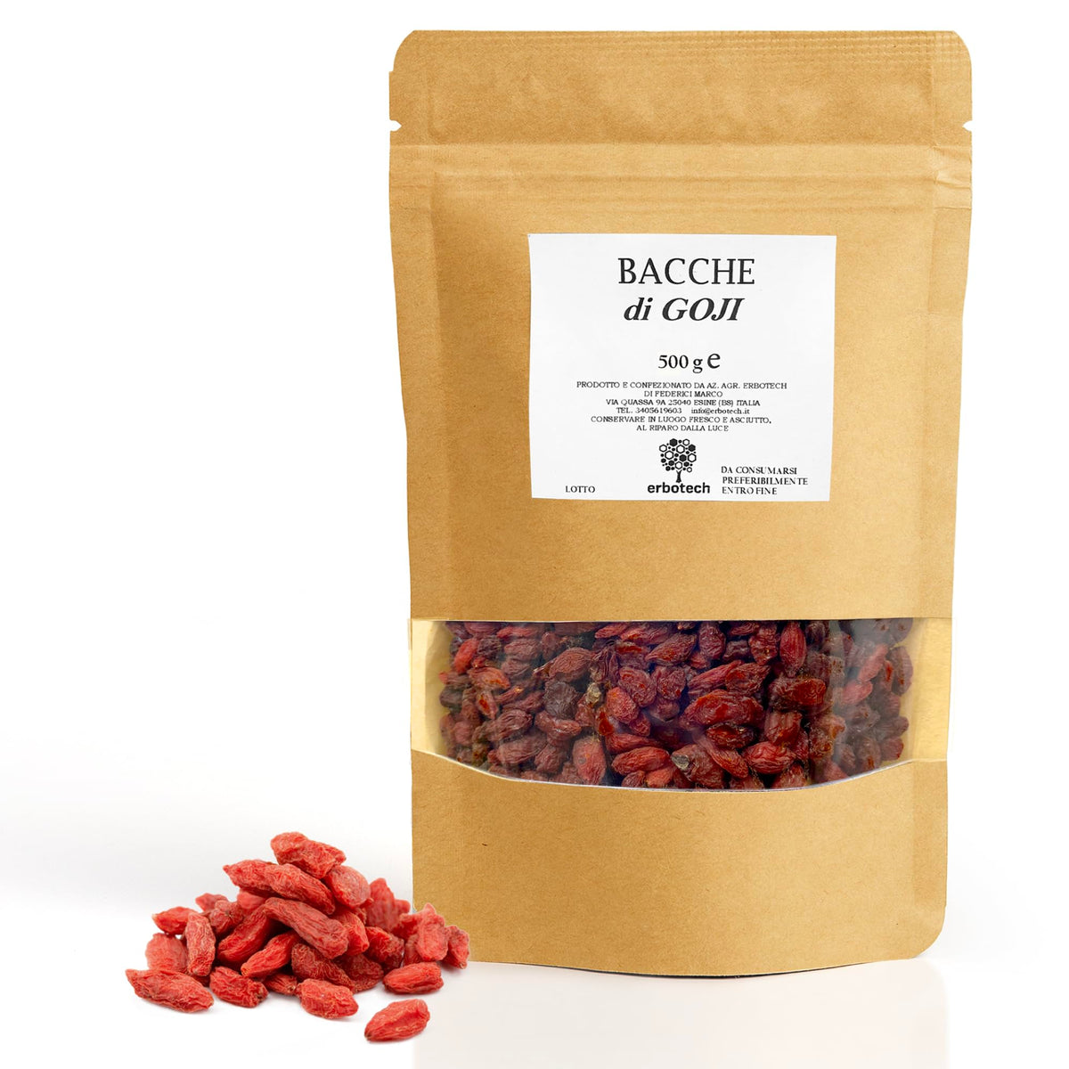 ERBOTECH Goji Berries 500g Bag, Goji Berries High in Vitamins, Dried Fruit Without Sugar and Without Sulphur, Natural Superfood and Rich in Energy,