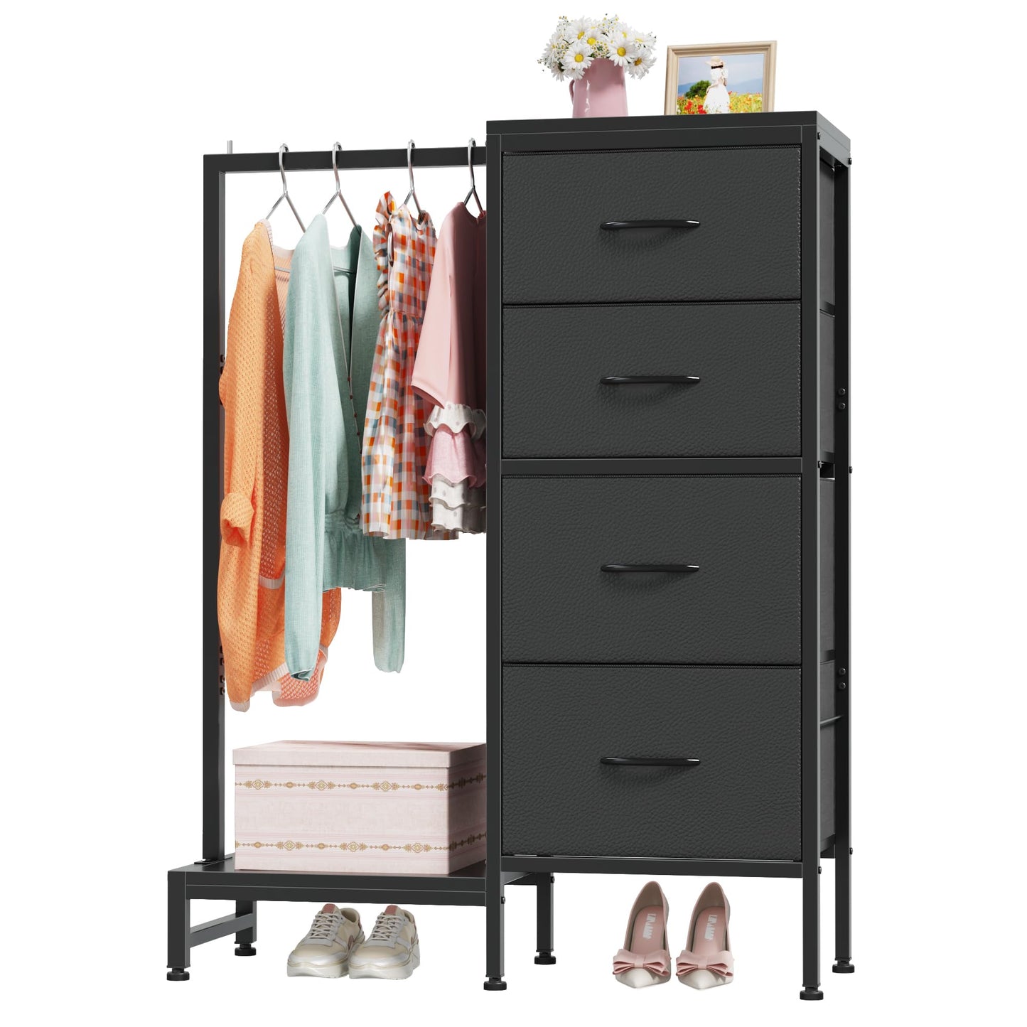 OYRREU 111cm Tall Chest of Drawers for Bedroom, 4 Fabric Drawer Small Dresser Black Storage Unit for Hallway Living Room Entryway, Reversible Closet