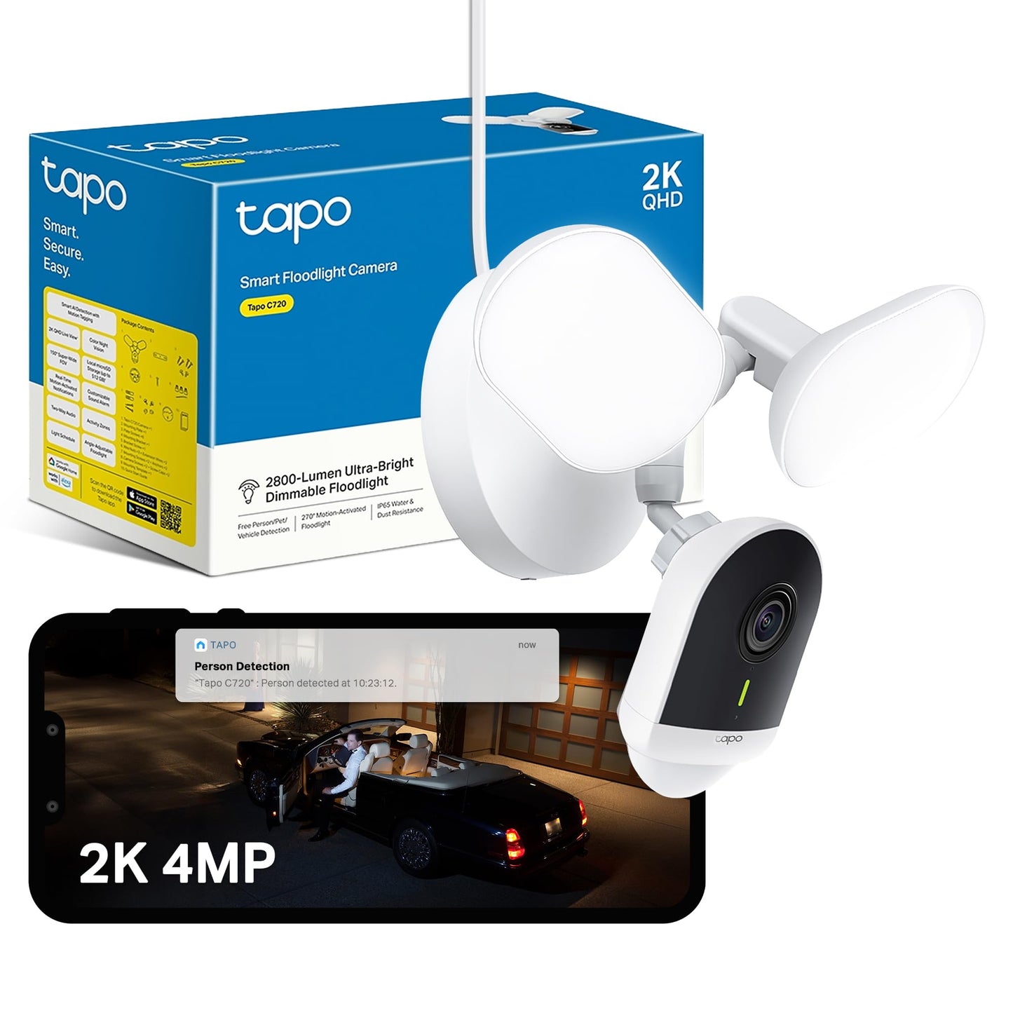 Tapo C720 Floodlight Outdoor Security Camera, 2800-Lumen Ultra-Bright, 2K QHD 4MP, 270? Detection Zone, Wi Fi Camera No Monthly Fee, Smart AI,