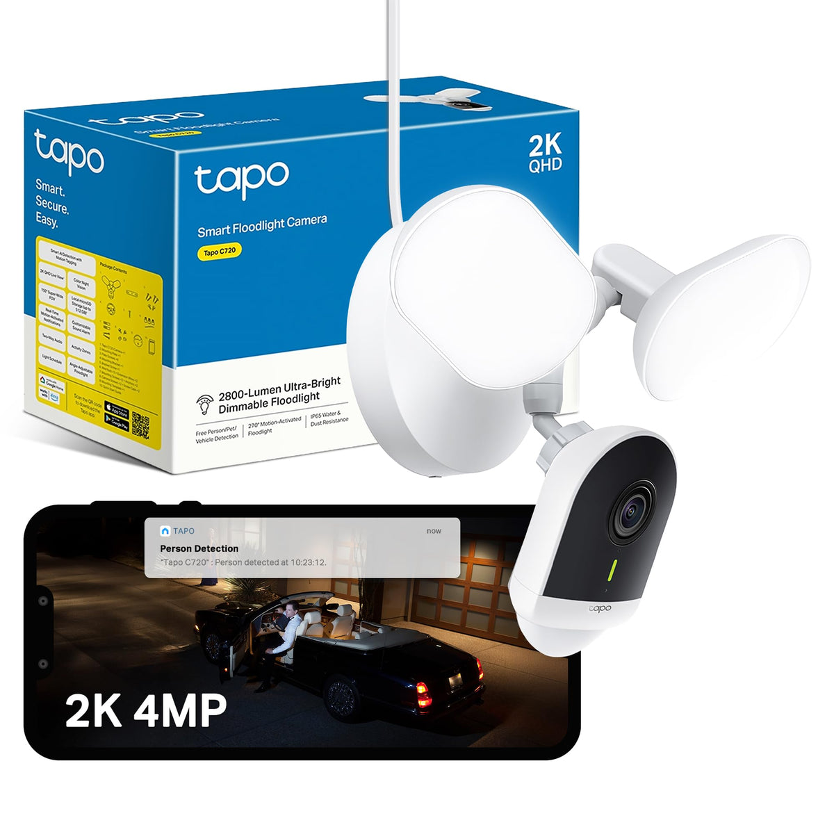 Tapo C720 Floodlight Outdoor Security Camera, 2800-Lumen Ultra-Bright, 2K QHD 4MP, 270? Detection Zone, Wi Fi Camera No Monthly Fee, Smart AI,