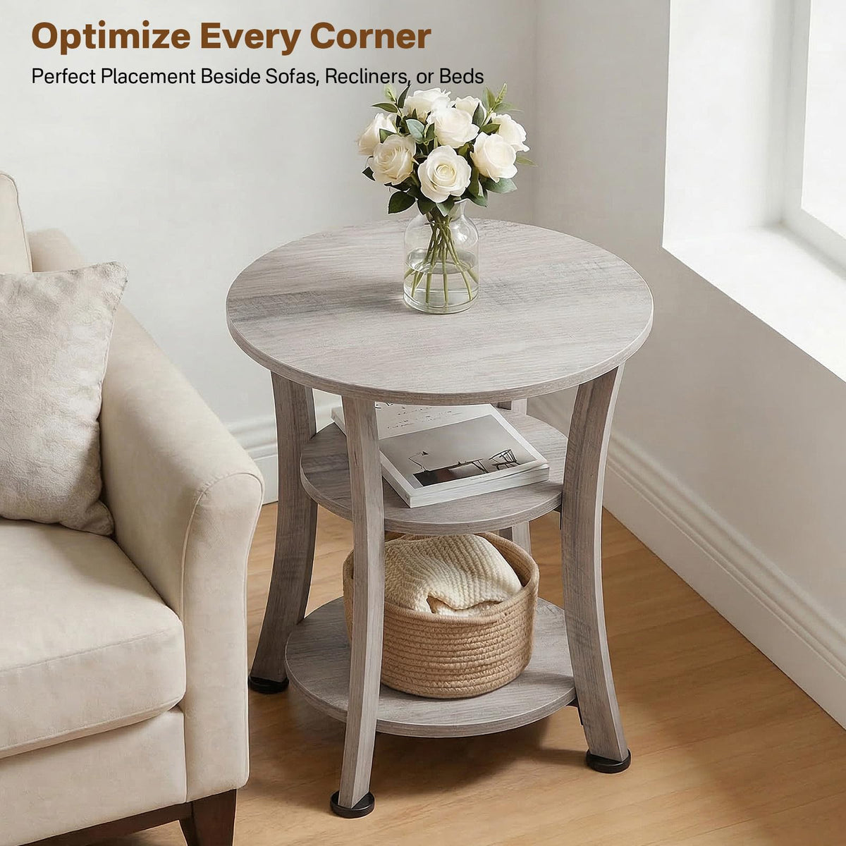 Yuede Round End Table, 3 Tier Side Table with Storage, Farmhouse Wood Side Table, Vintage Sofa Bedside Table Coffee Table for Bedroom Living Room