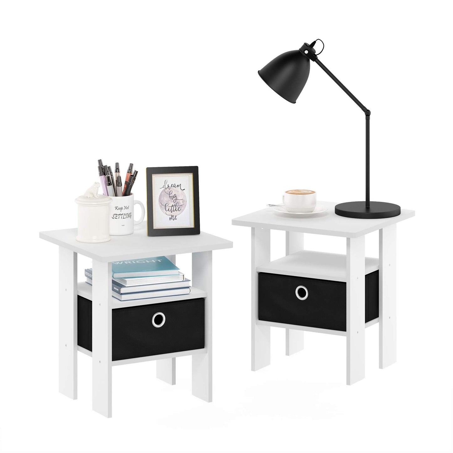 Furinno ANDREY Side Table, Set of 2 End Table, Night Stand with Open Shelves and Storage Bin, Bedside Table, for Living Room, Bedroom, White
