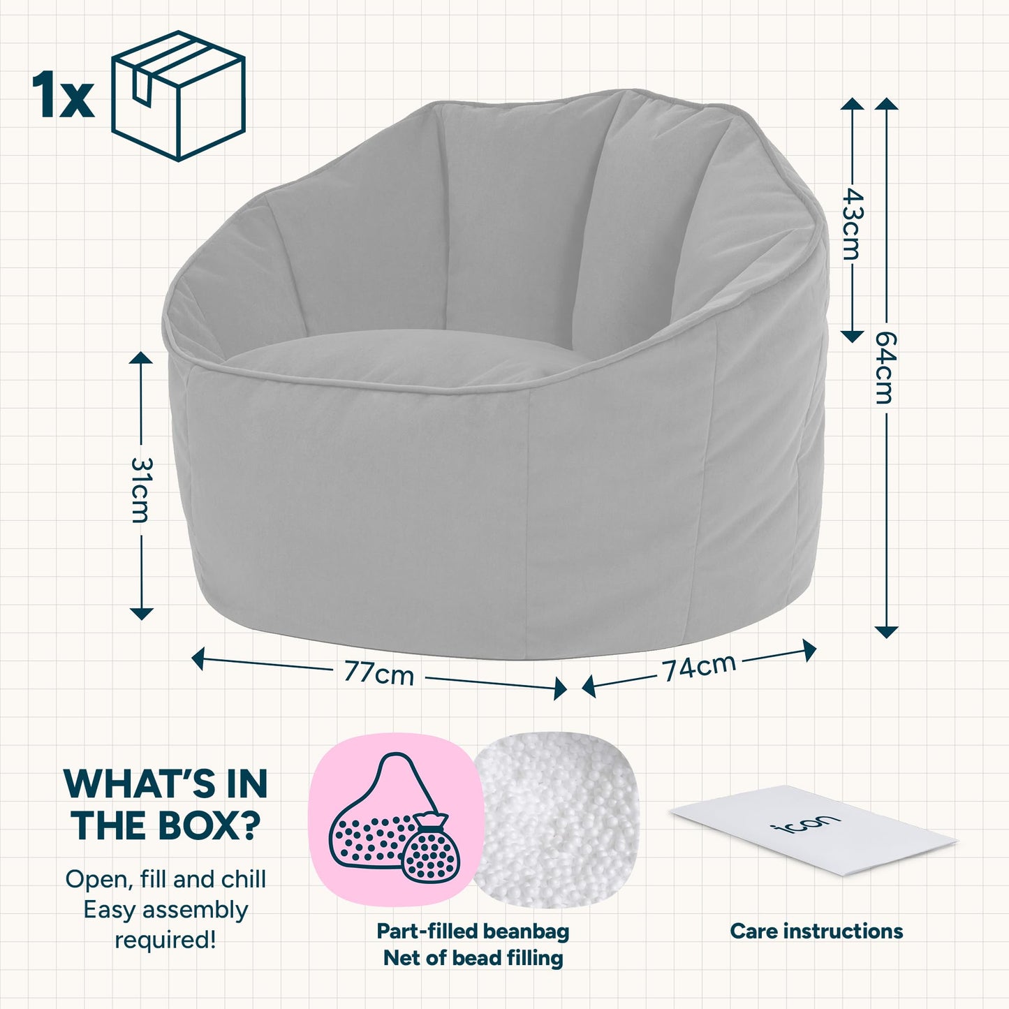 icon Sirena Velvet Bean Bag Chair with Filling Included, Grey