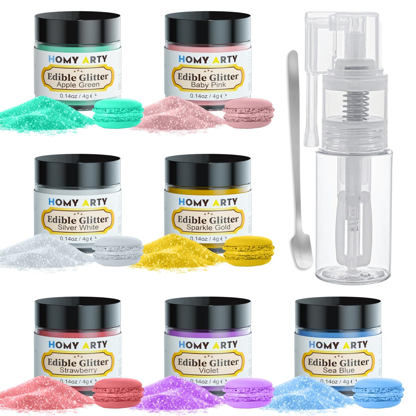 HOMY ARTY Edible Glitter 7 Colours x 4g - with Sprayer, Luster Dust Edible Glitter for Cakes, Cocktails, Drink Glitter, Edible Dusting Powder for