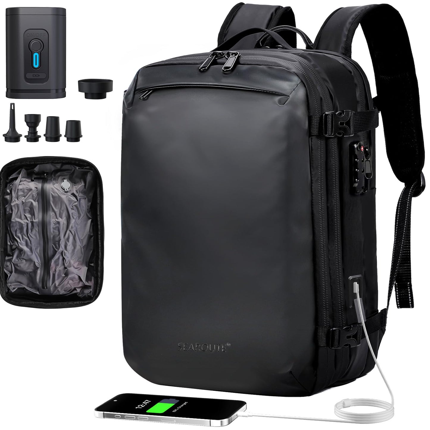 H.yeed Travel Backpack, Expandable 30L-60L Vacuum Backpack with USB&Type-C Charging Port and Pump, Waterproof Lightweight Business Rucksack, Wet Dry