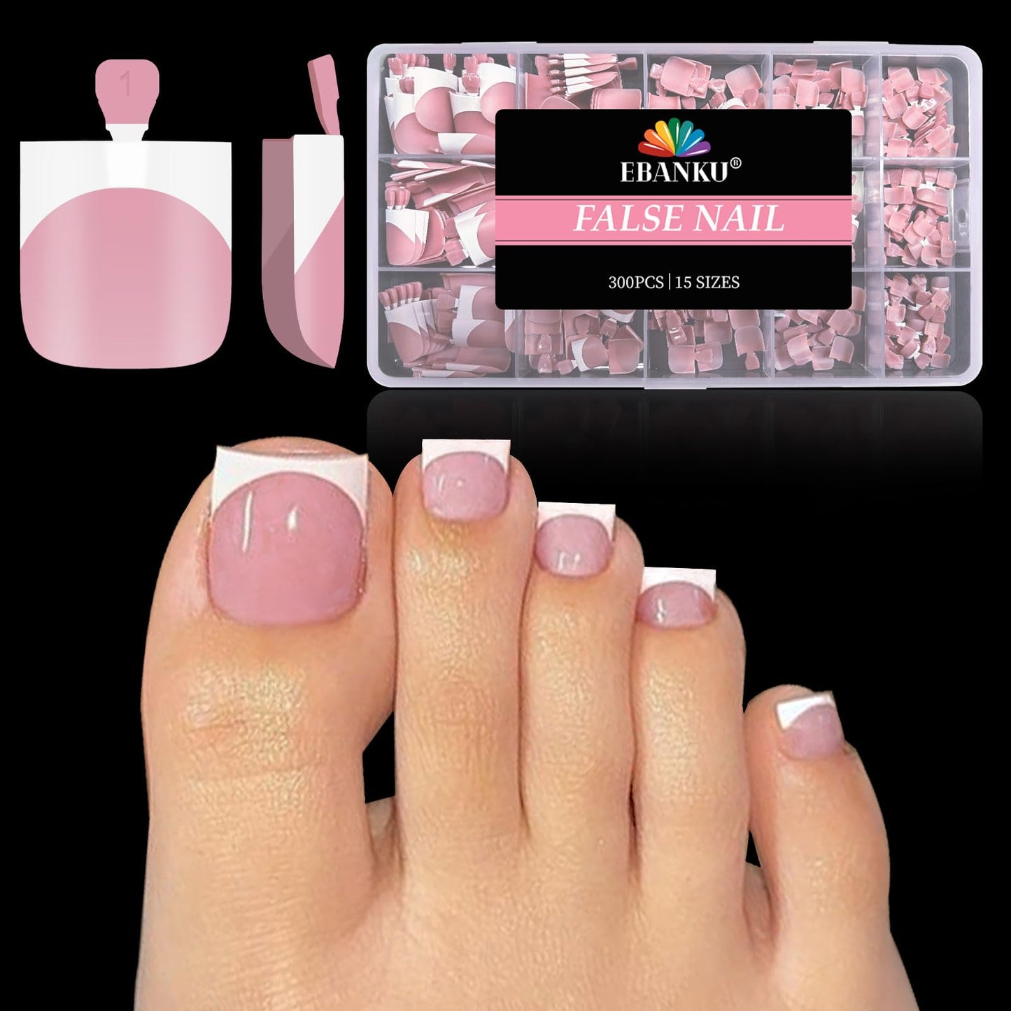 EBANKU 300PCS French Tip Toe Press on Nails, Shark Square Pre-Designed Soft Gel Thick False Toenail Extension, Pink Acrylic Full Cover Fake Toenails