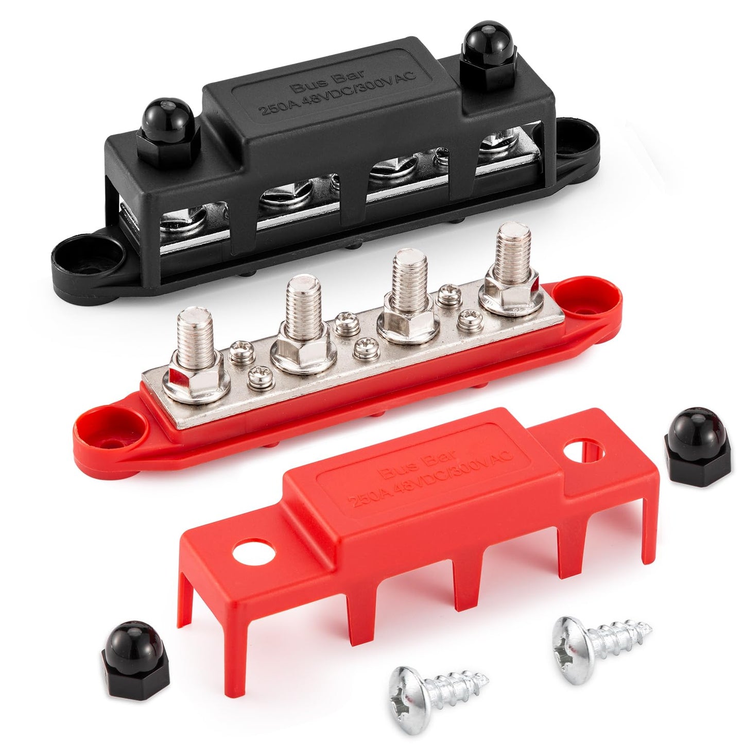 Bus Bar 12V 250A Power Distribution Block 4 x M8(5/16") Studs Marine Bus Bar 12 Volt Battery Busbar Terminal Block for Marine, Automobile, RV, Battery