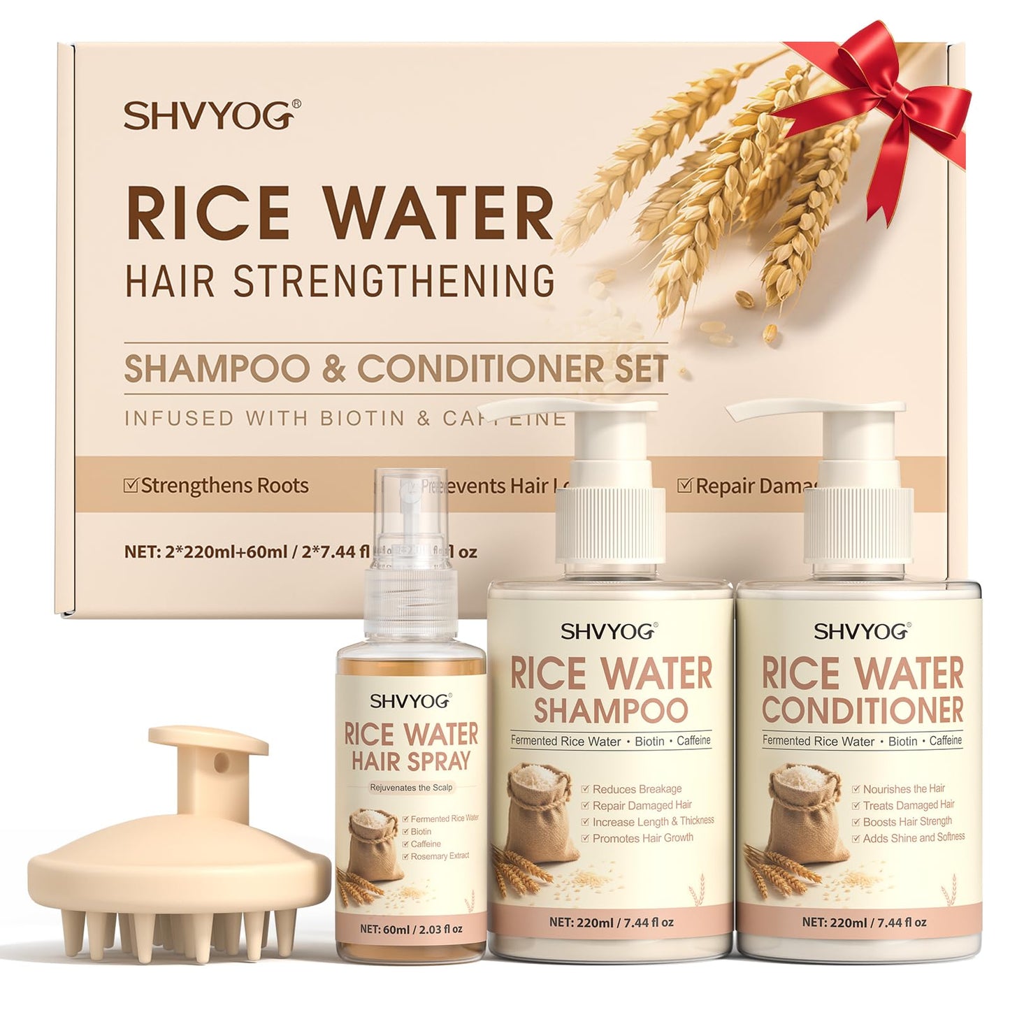 Rice Water Shampoo and Conditioner Set, Enriched with Biotin & Caffeine, Hair Growth Rice Water Spray, Anti Thinning Shampoo Strengthening Hair,