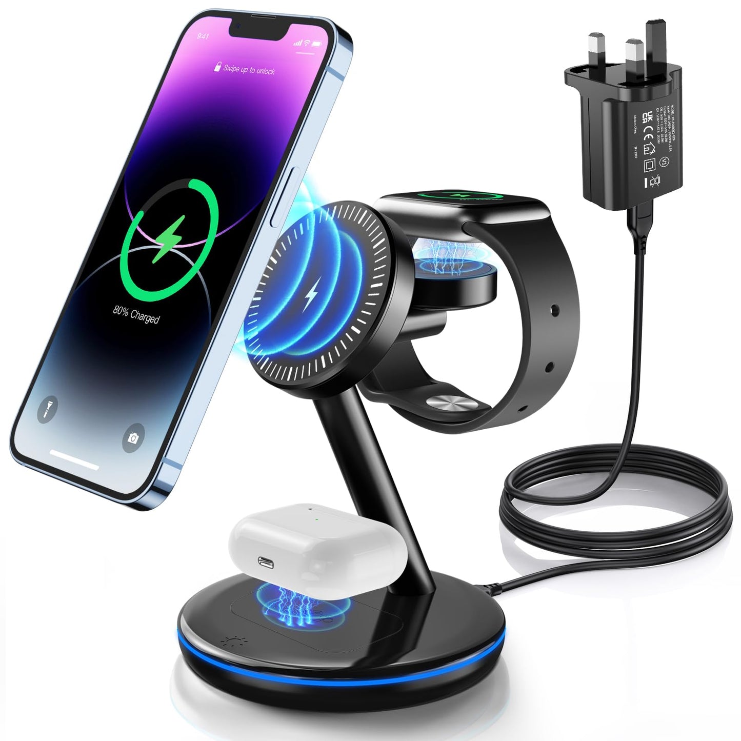 Magnetic Wireless Charger,3 in 1 Wireless Charging Station MagSafe Compatible 18W Fast Charger Stand for iPhone 17 16 15 14 13 12 Pro/Pro Max/Plus