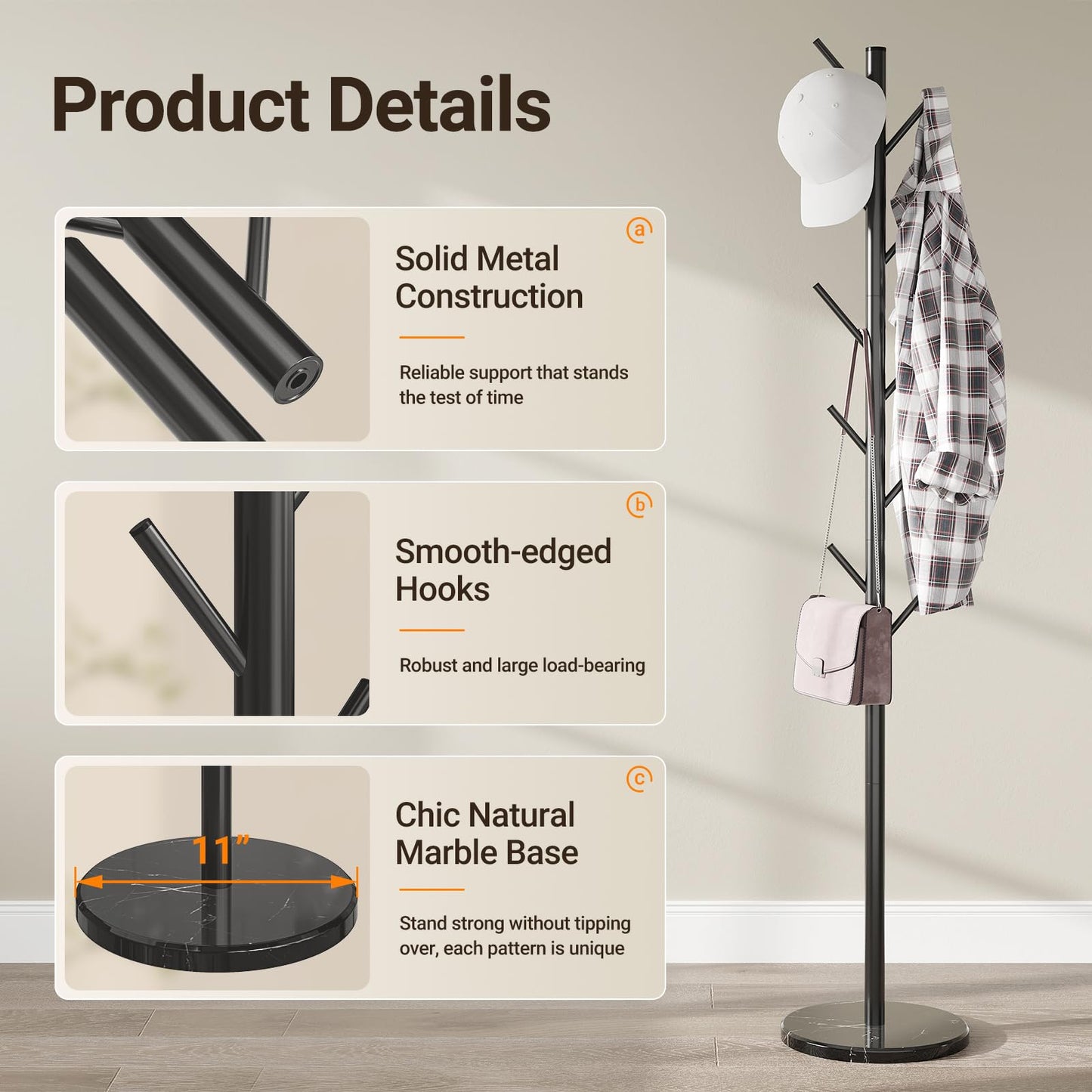 ELYKEN Metal Coat Stand for Small Space, Heavy Duty Coat Rack Free Standing