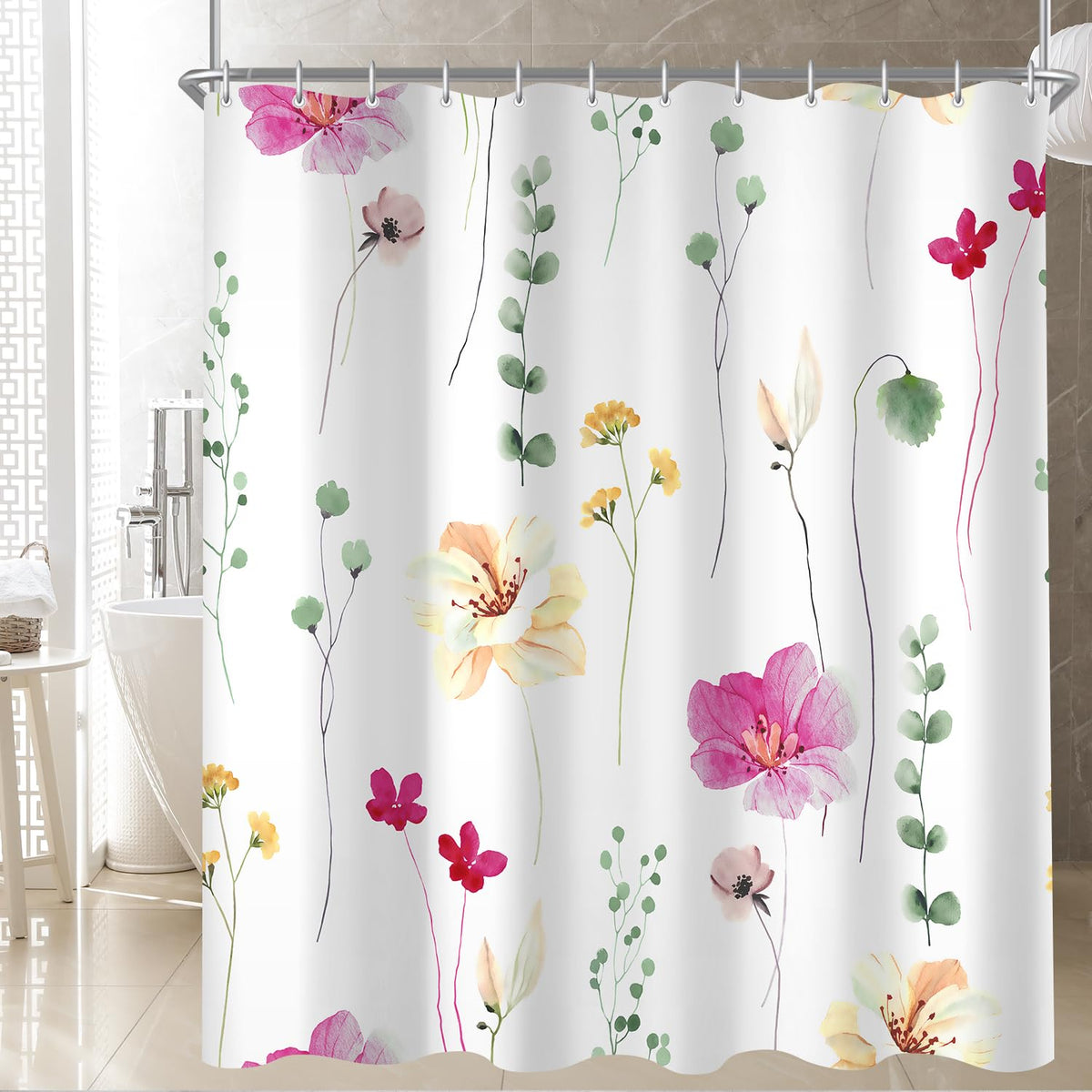Lerores Shower Curtain, 180 x 200 cm, Pink & Green Pattern, Weighted Hem, Anti-Mould, Water-Repellent, Washable Polyester Bath Curtains with 12
