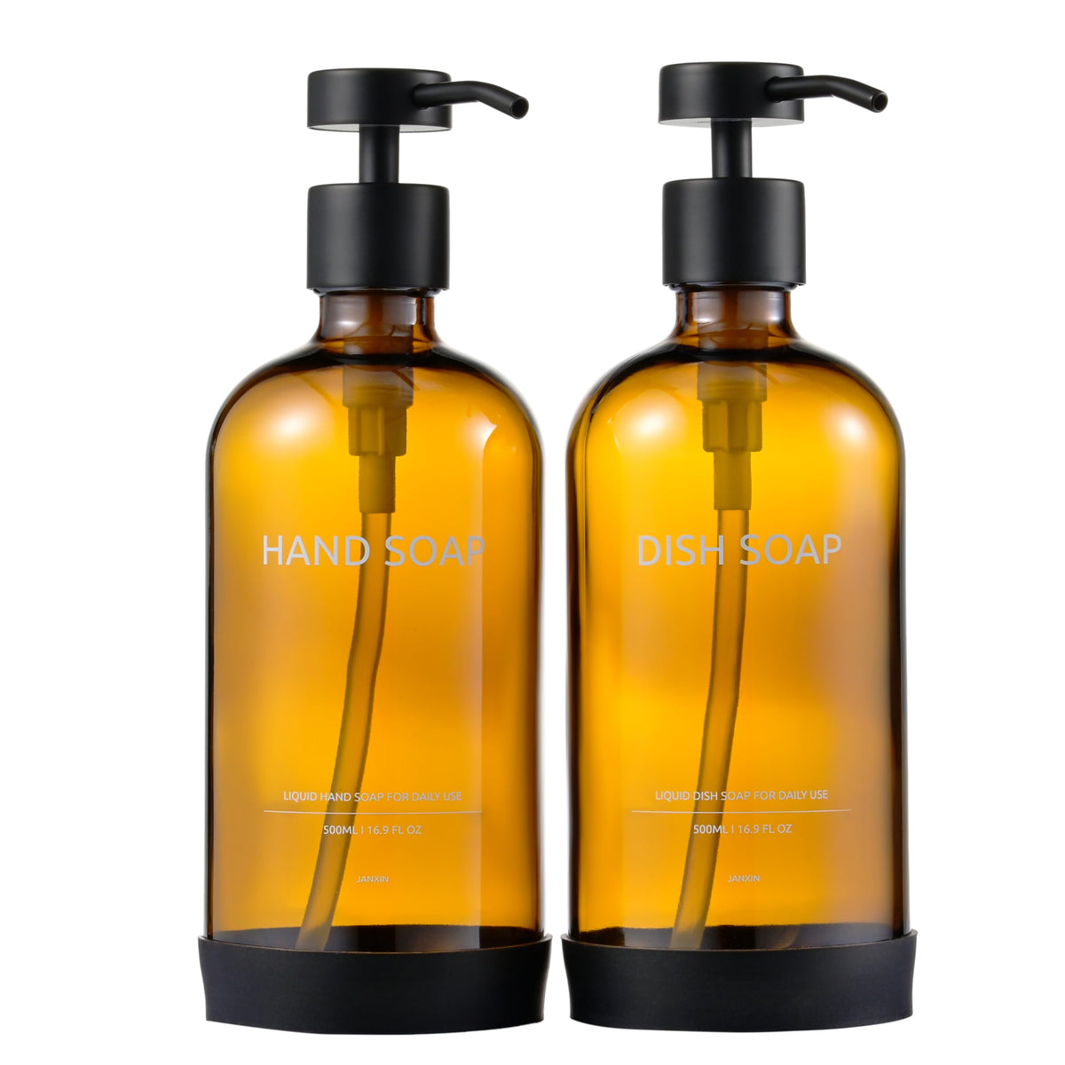 Janxin Set of 2 Glass Soap Dispenser 500 ml, Black Glass, White, Non-Slip Silicone Protective Underlay (Brown bottle + blackhead)