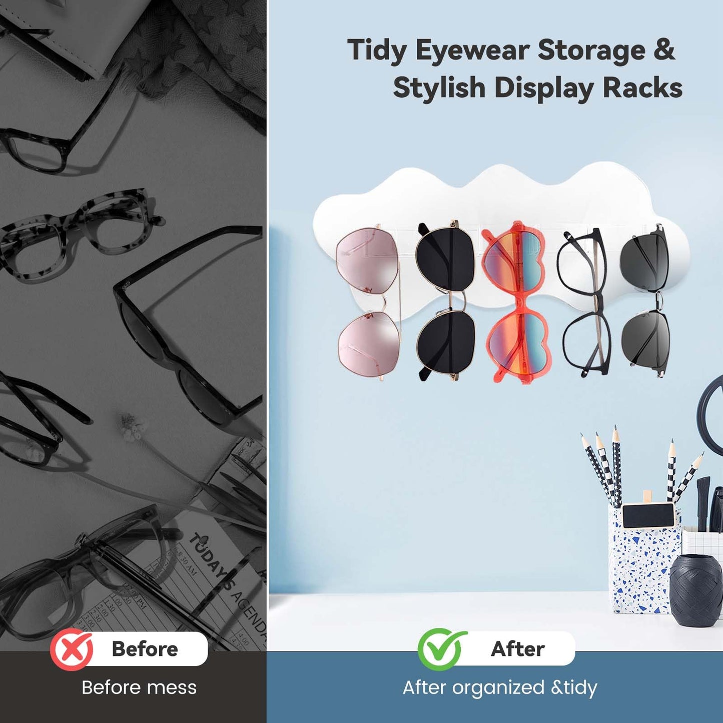 Daily Treasures Sunglasses Organizer with Mirror,Wall Mounted Eyeglasses Storage Organiser,Clear Acrylic Sunglasses Rack,Self-Adhesive Hanging