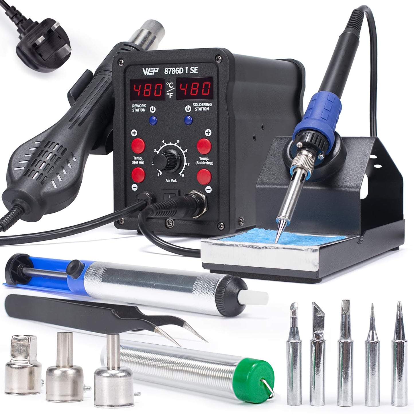 WEP 8786D-I SE Hot Air Soldering Station Kit 2-in-1 for Rework, Desoldering with Lead-Free Solder Wire, 5 Soldering Tips, 3 Hot Air Nozzles,Tweezers,