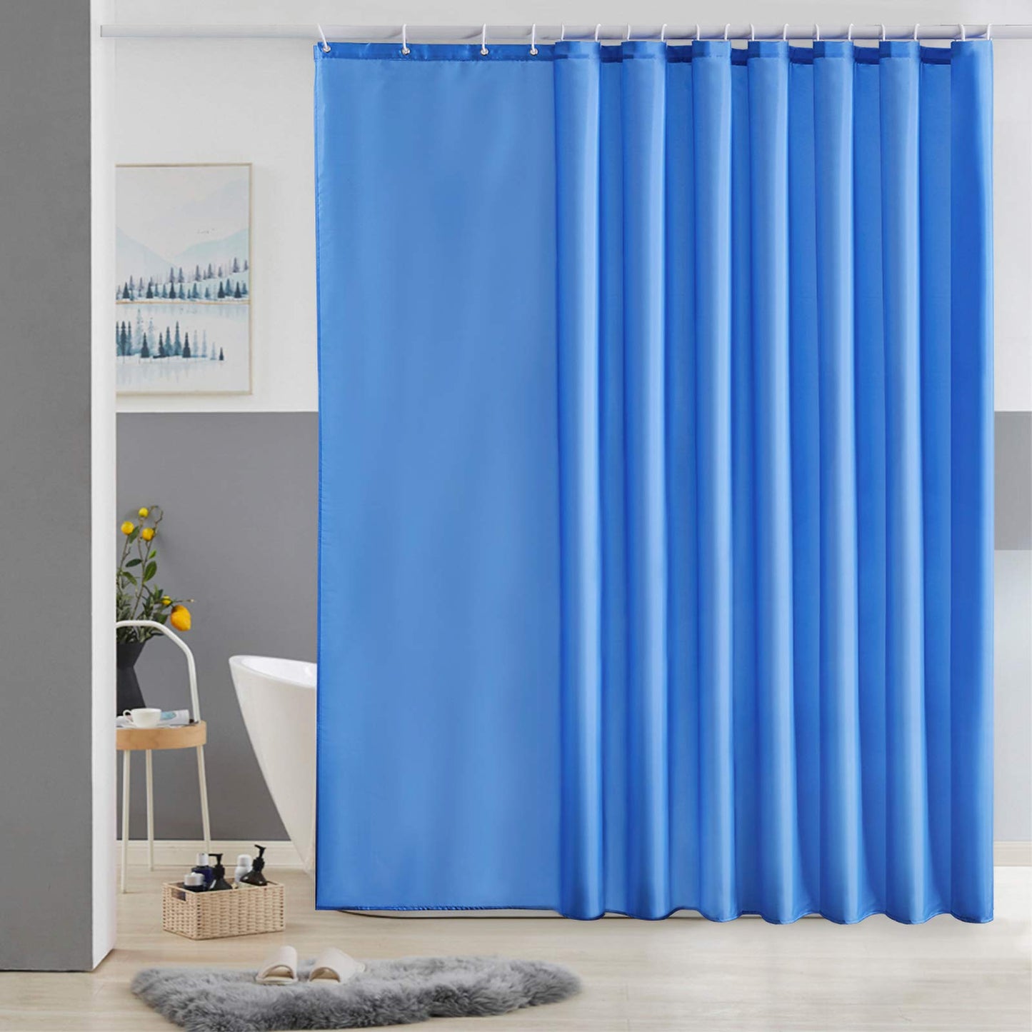 Furlinic Extra Wide Shower Curtain Fabric Washable Mould Proof Waterproof for Bathroom Bath Curtains Sets With 18 PCS Plastic Hooks Blue W108 x H72