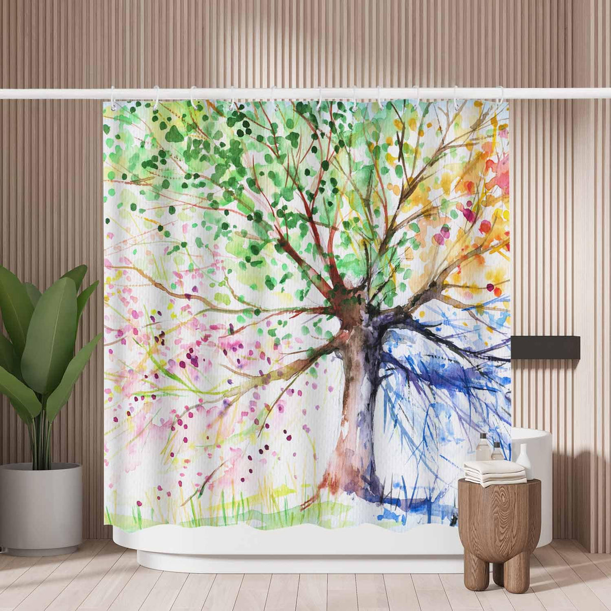 Woutay Shower Curtain Water Repellant Fabric Colorful Tree,Mould Proof Resistant,Polyester,with 12 Plastic Hooks
