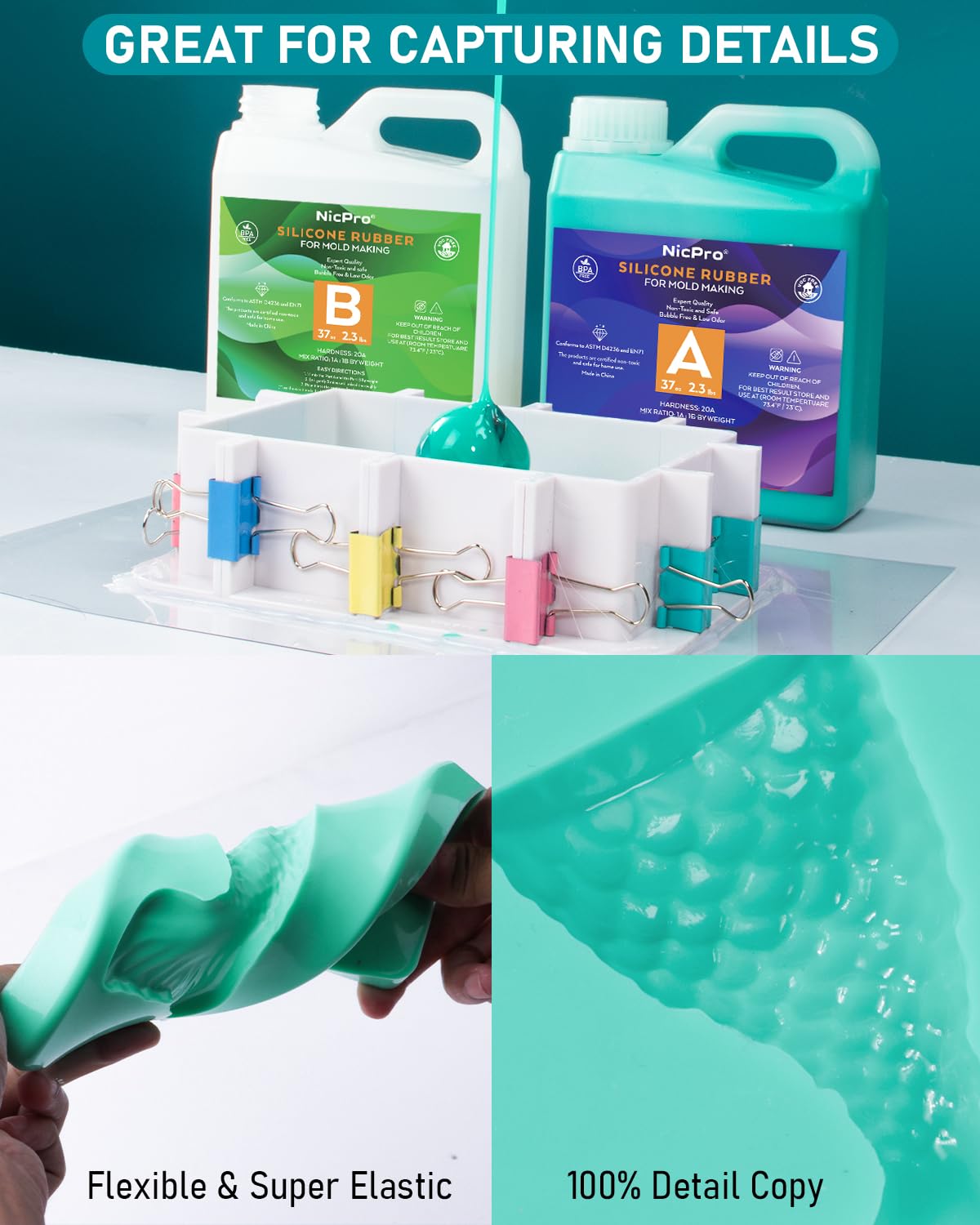 Nicpro 74oz/2188ml Silicone Mold Making Kit, Premium Platinum Liquid Silicone Rubber for Safe and Flexible Casting, Vibrant Jade Green Color, and