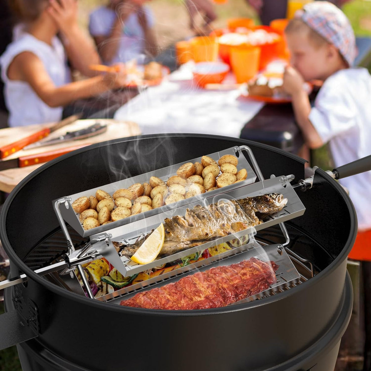 onlyfire BRK-6026 BBQ Grill Rotating Stainless Steel Rotisserie Trays Kit with Hexagon Hole- Fits for 18" and Larger Grill
