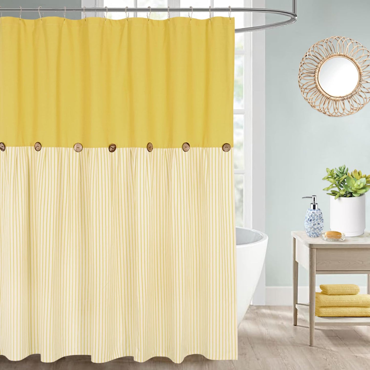 DOSLY ID?ES Farmhouse Shower Curtain, Yellow and Yellow Stripes, Button Curtain, Linen and Cotton, Woven Fabric, Rustic Charm, Country Style, 180 x