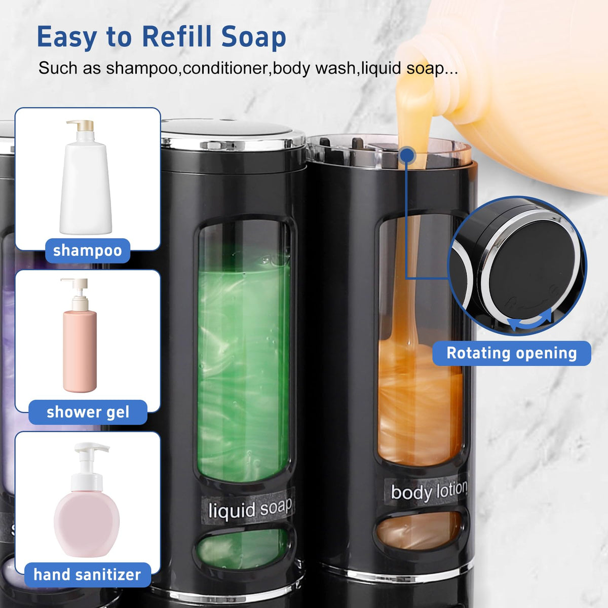 Shampoo and Conditioner Dispenser,Shower Dispensers 3 Chamber No Drill Shower Soap Dispenser Shampoo Conditioner Body Wash Dispenser Wall Mount for