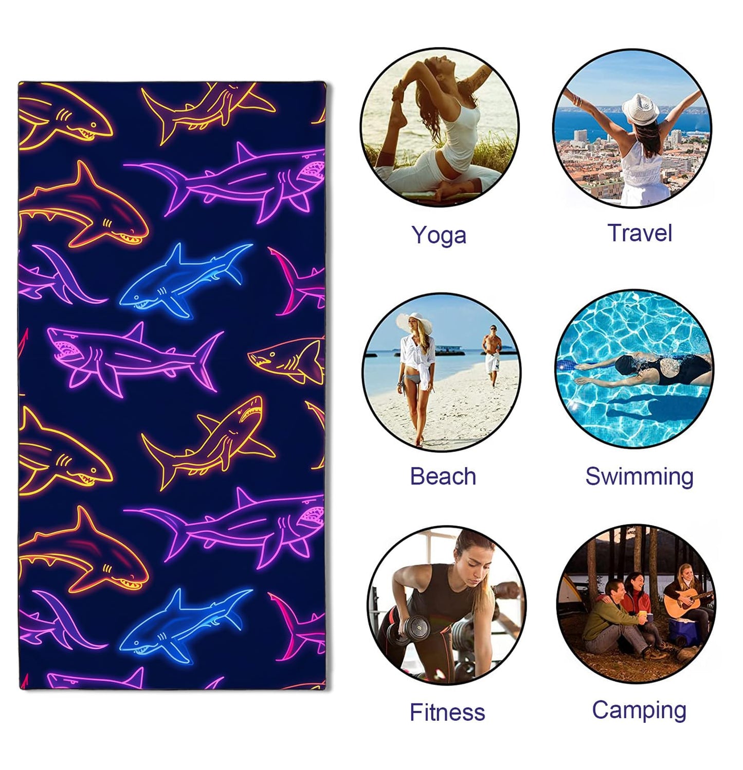 YISUMEI Sharks Illustration Beach Towels for Adults Extra Large 180 x 90 cm, Microfibre Quick Dry Towel for Travel Swimming Camping Sports
