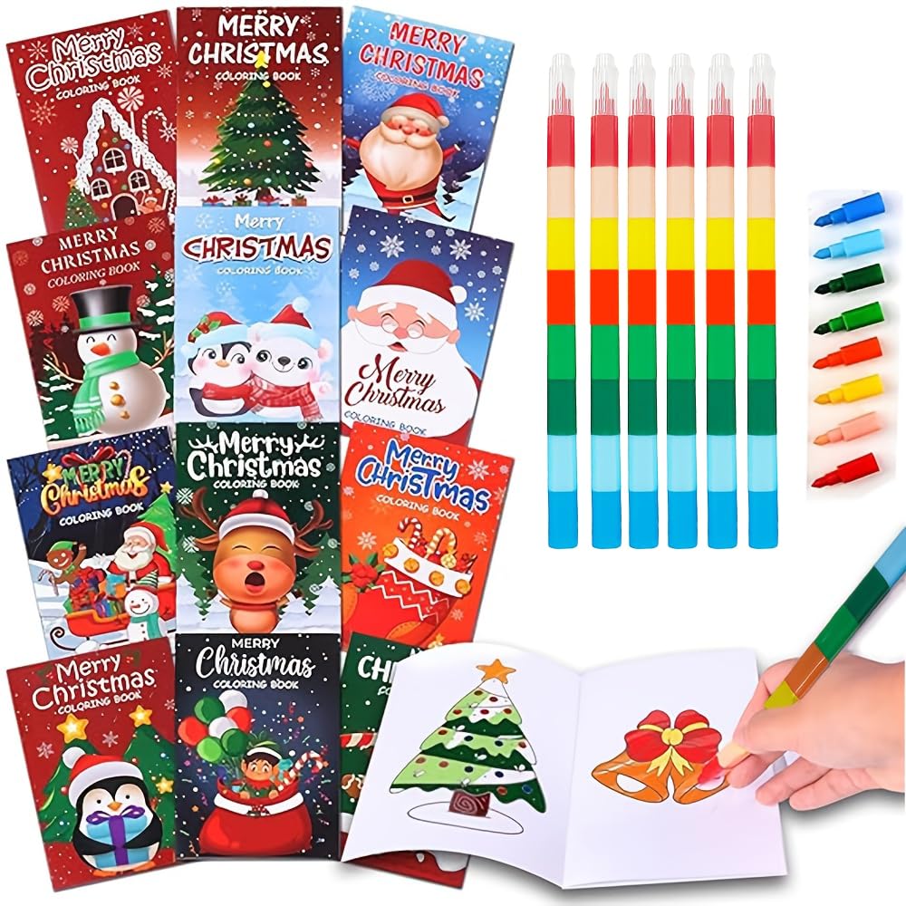 48Pcs Christmas Coloring Book for Kids with Crayons, Christmas Activity Books Mini Coloring Books Bulk DIY Art Drawing Book Set Xmas Stockings Goodie