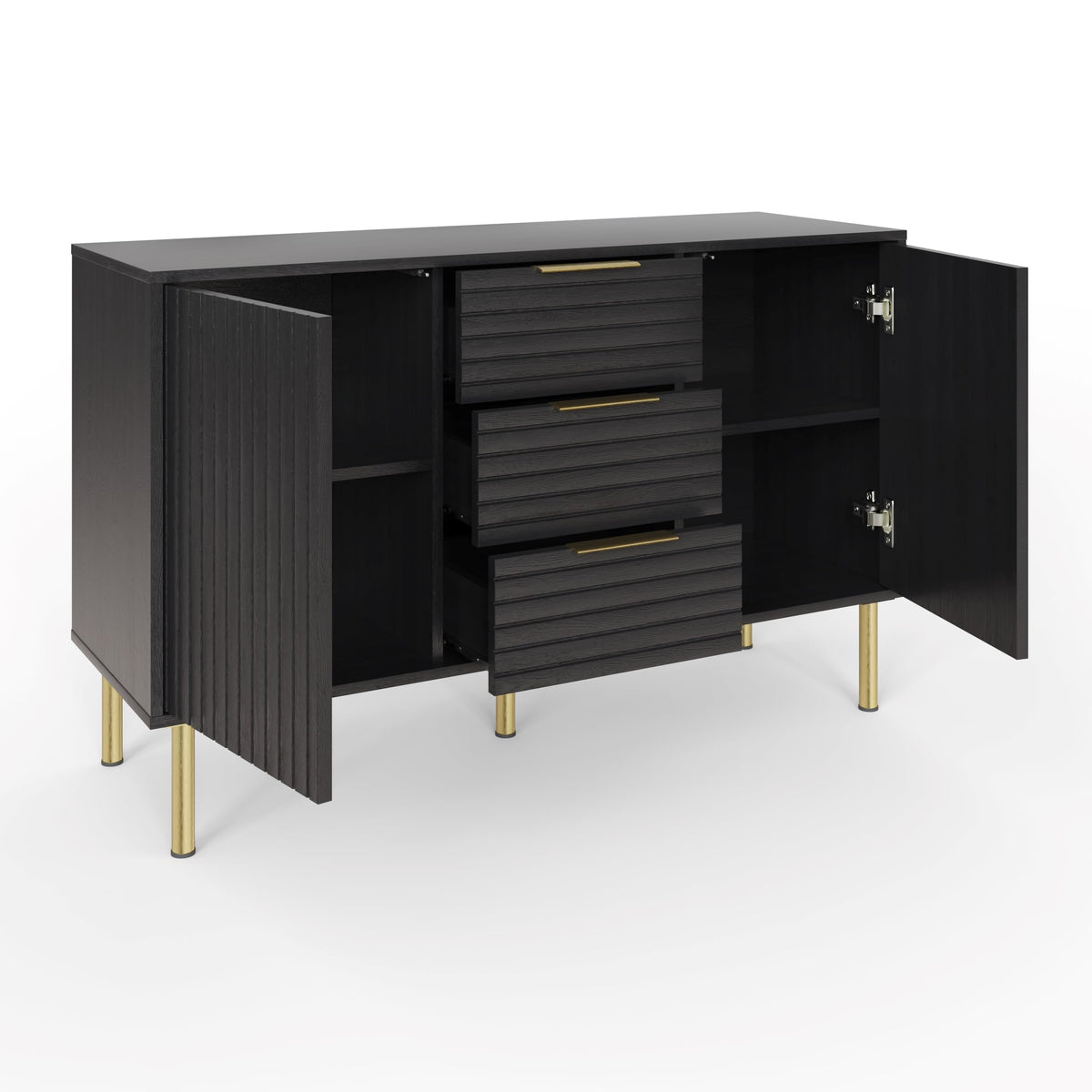 GFW Nervata Sideboard, Black Storage Cabinet with 3 Drawers and 2 Doors, Art Deco Style Sideboard with Gold Accents and Wood Grain Texture for Living