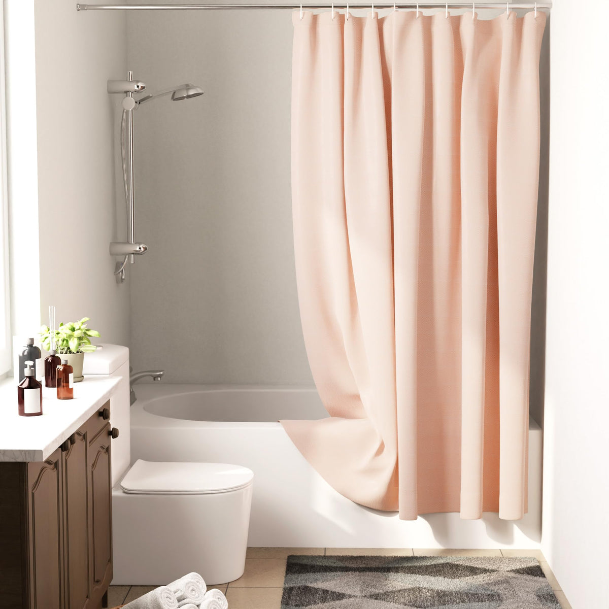 Encasa XO ZZ Peach Jacquard Shower Curtain 183 Drop | Mould Proof & Mildew Resistant Waterproof | Bathroom Curtains With 10 Hooks | Easy Installation|