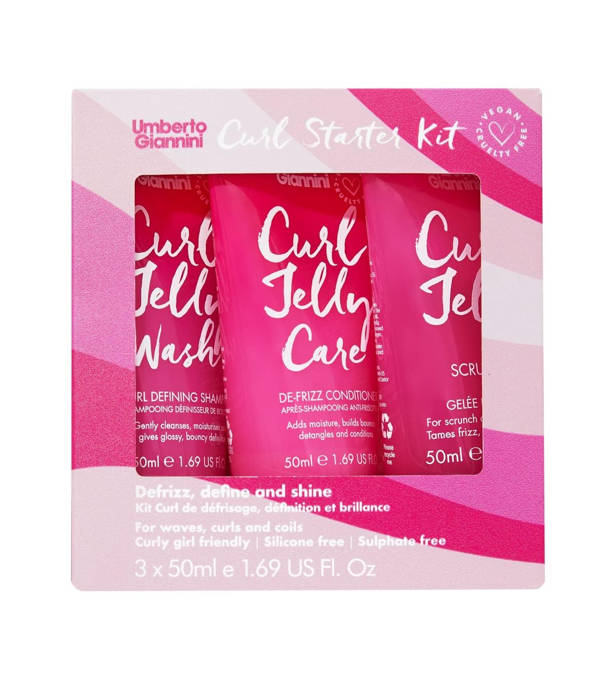 Umberto Giannini Curl Jelly Starter Kit - 3 x 50ml Curl Scrunching Jelly, Wash Shampoo & Care Conditioner