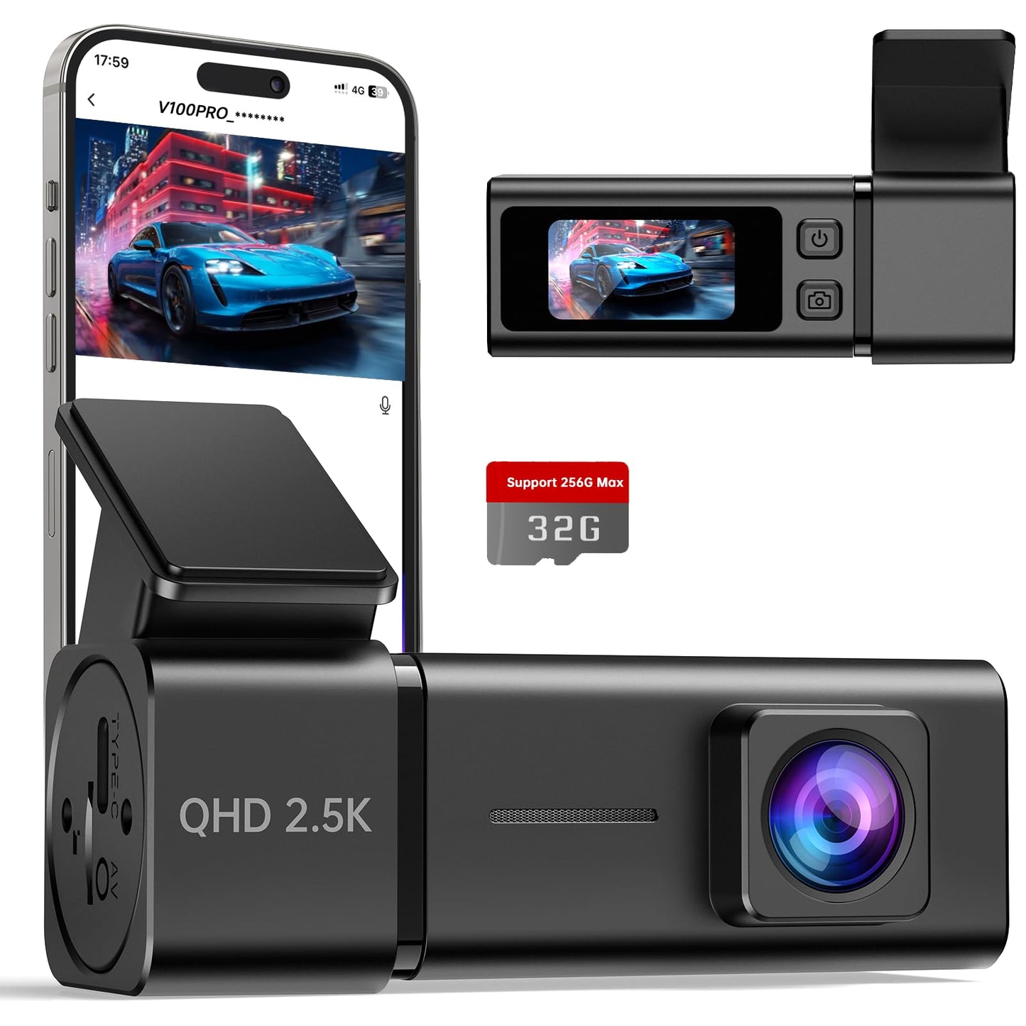 Dash Cam 2.5K WiFi Dash Camera for Cars, 1.47? IPS Screen Dashcam with App, Front Car Camera, G-Sensor, Loop Recording, Night Vision, 24H Parking
