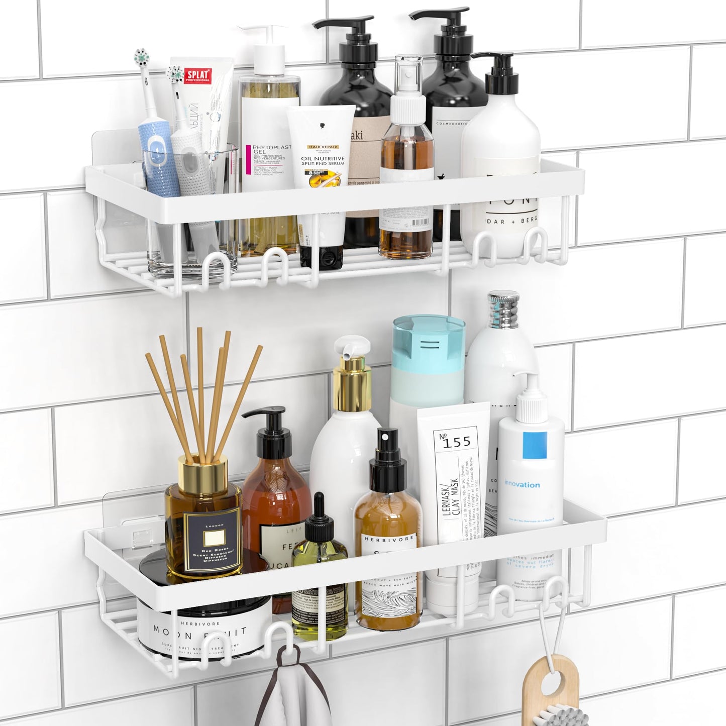 DIFULI Shower Caddy Shelf Organiser 2 Pack, No Drill White Shower Shelves,Self Adhesive Bathroom Storage Accessories