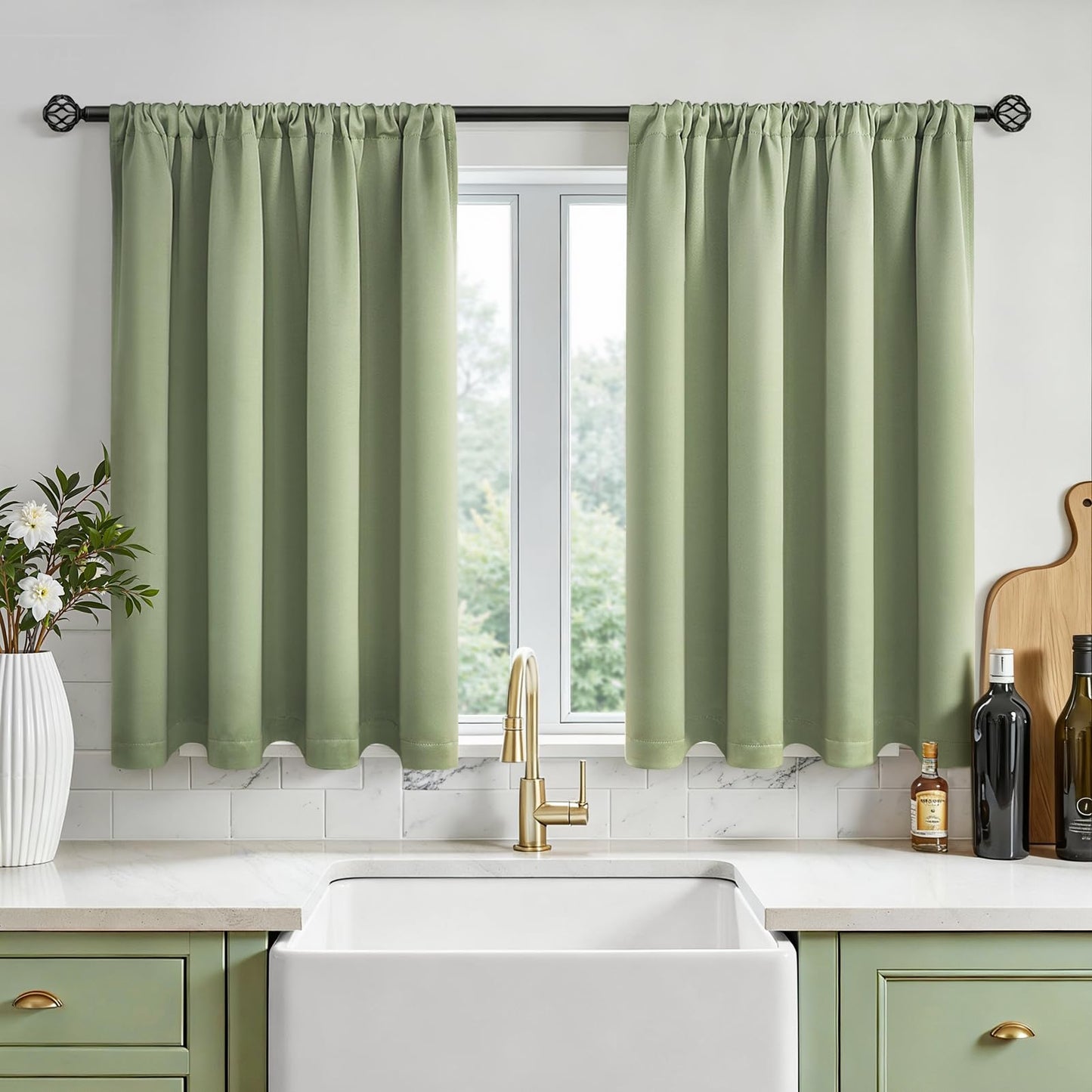 MRTREES Green Waterproof Rod Pocket Curtains, Blackout Curtains for Bathroom Kitchen Caravan Bay Windows, 2 Panels 90x90 CM 35x35 Inch Sage Green