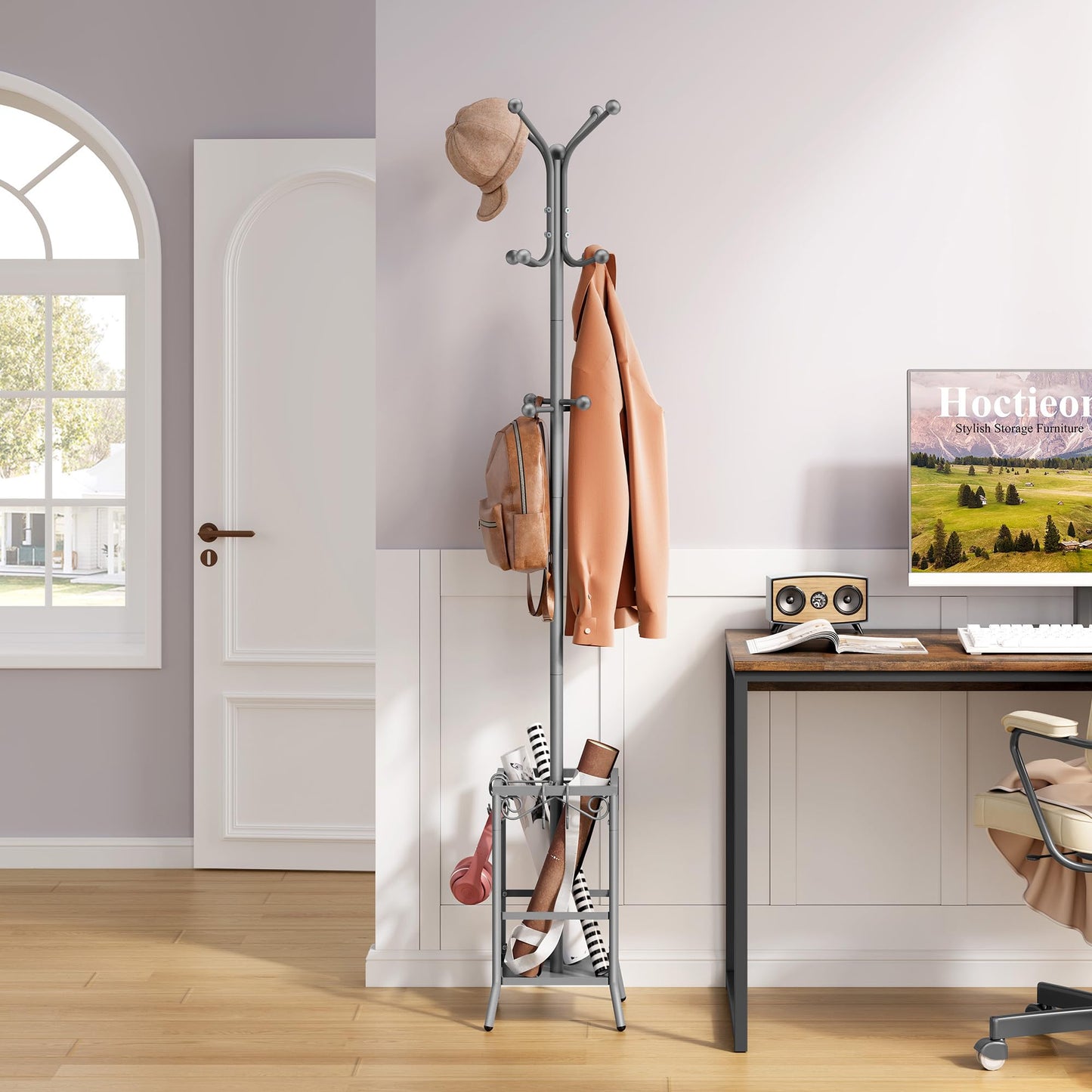 Hoctieon Coat Rack Freestanding With Umbrella Holder, Metal Coat Tree With 12 Hooks, Standing Hanger for Entryway, Hat Rack for Home Office, Gray