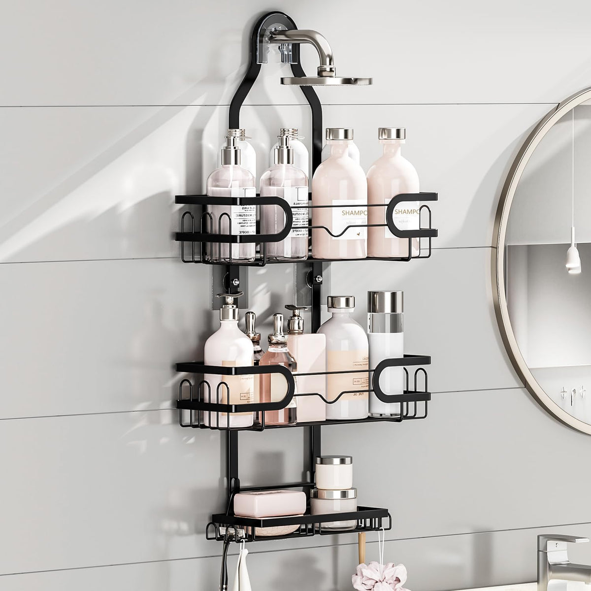FOXWHALE Hanging Shower Shelf - Shower Shelf for Hanging with Shaving Stand & Soap Holder and Multiple Hooks, Black, No Drilling, Hanging Shower