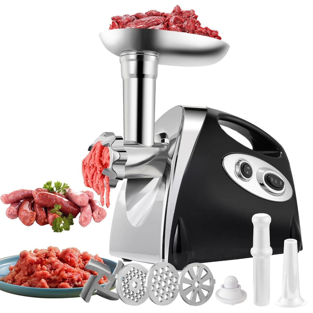 Mingfuxin Electric Meat Grinder, 2800W Meat Mincer & Sausage Stuffer, Food Mincer Machine with 3 Stainless Steel Grinding Plates, Household Sausage