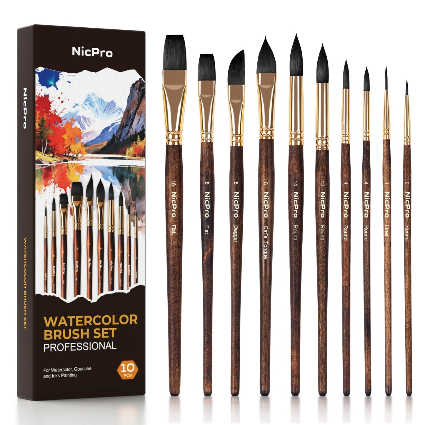 Nicpro 10Pcs Watercolour Brushes Set with Box, Synthetic Squirrel Hair Paint Brushes - Flat, Dagger, Liner, Round, Cat's Tongue for Beginners &
