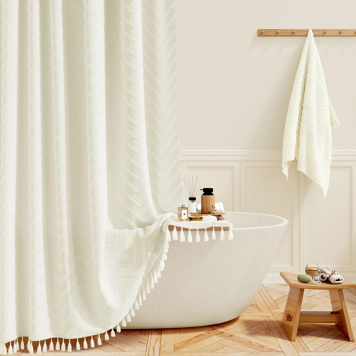 BTTN 182 x 214cm Drop Extra Long Shower Curtain, Boho Farmhouse Tufted Chevron Striped Vintage Tassel Shower Curtains, Large Rustic Bohemian with 12