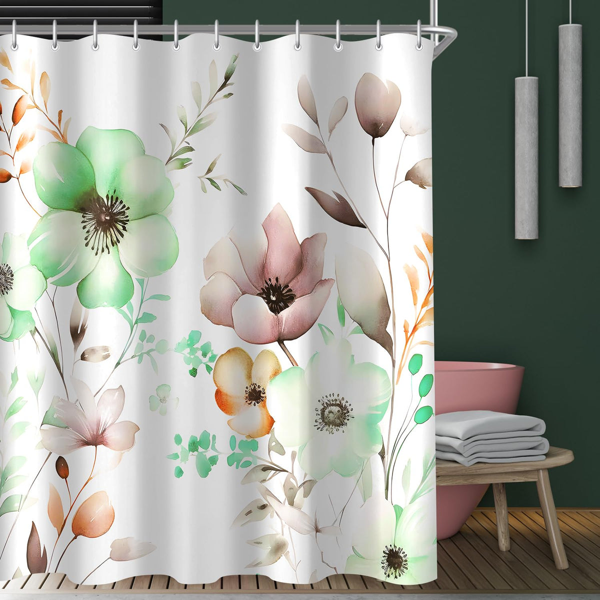 Lerores Shower Curtain 100 x 200 cm, Flowers Drawing, Anti-Mould Textile, Weighted Hem, Water-Repellent, Washable Polyester Bath Curtains with 8