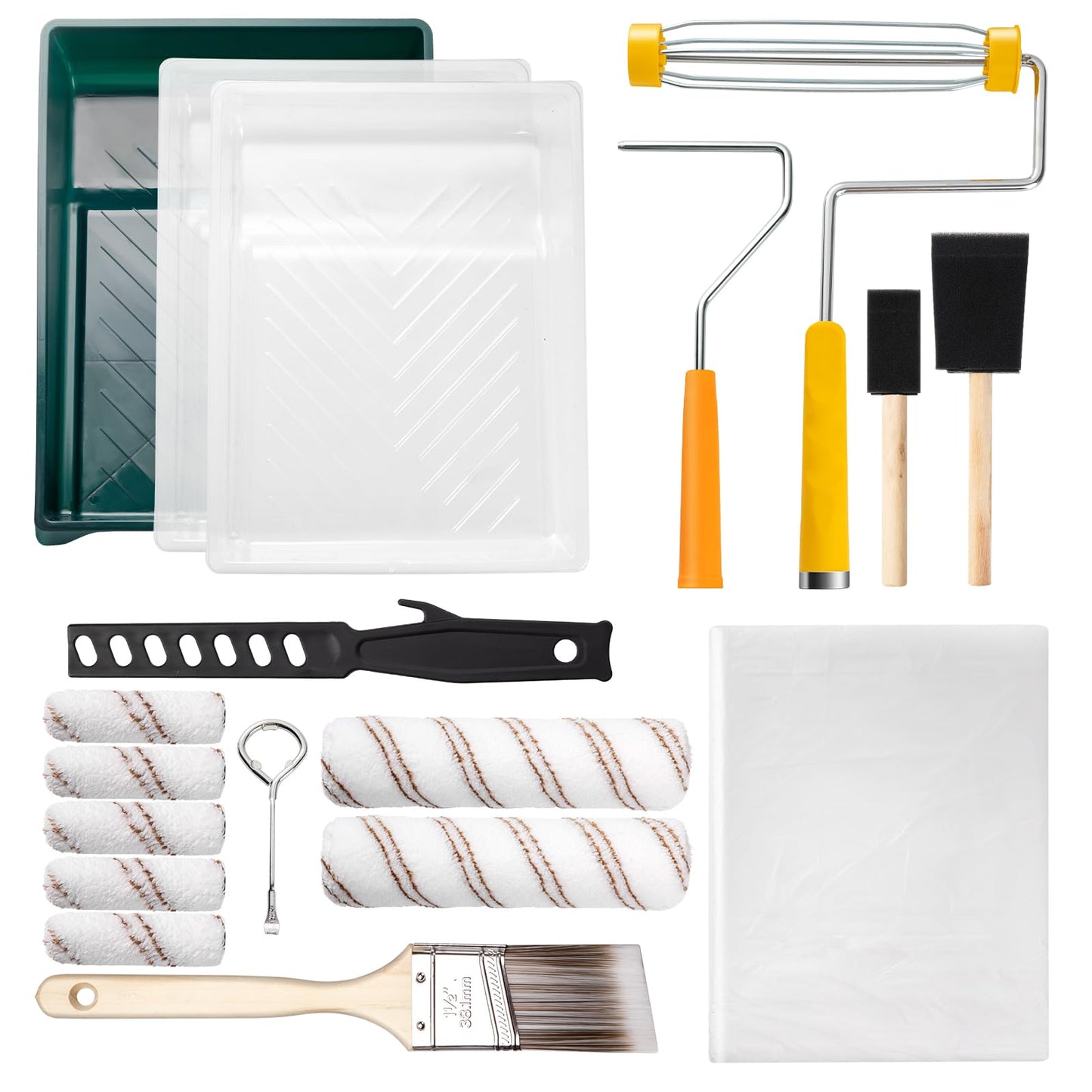 Mister Rui-18pcs Paint Roller Set, 9" 4" Paint Roller and Brush Set, Max and Mini Paint Roller Set for Wall Painting and Decorating, Roller Tray,