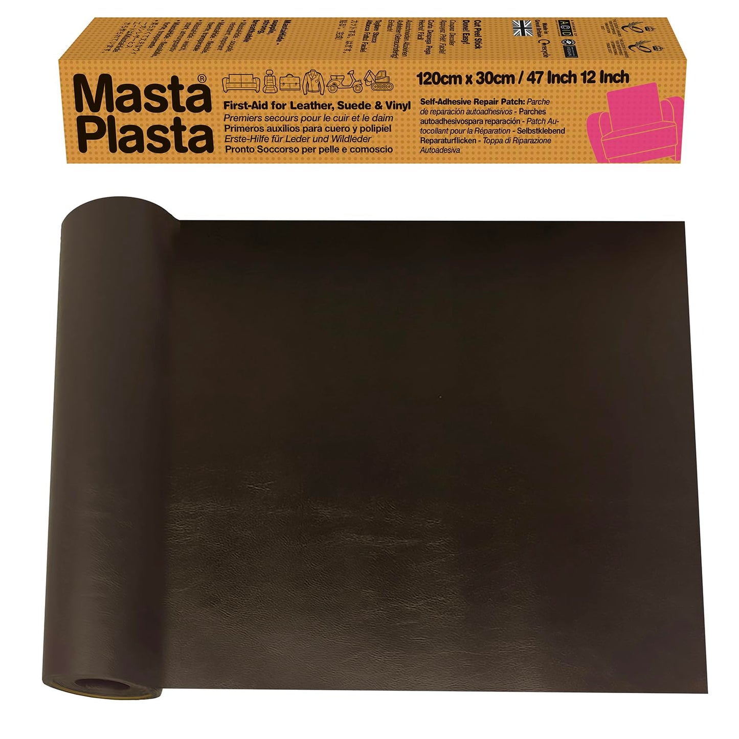 MastaPlasta Original Self-Adhesive Leather Repair Patch - Dark Brown 120 x 30cm (47 x 12in). Instant Upholstery-Quality Scratch and Tear Repair for