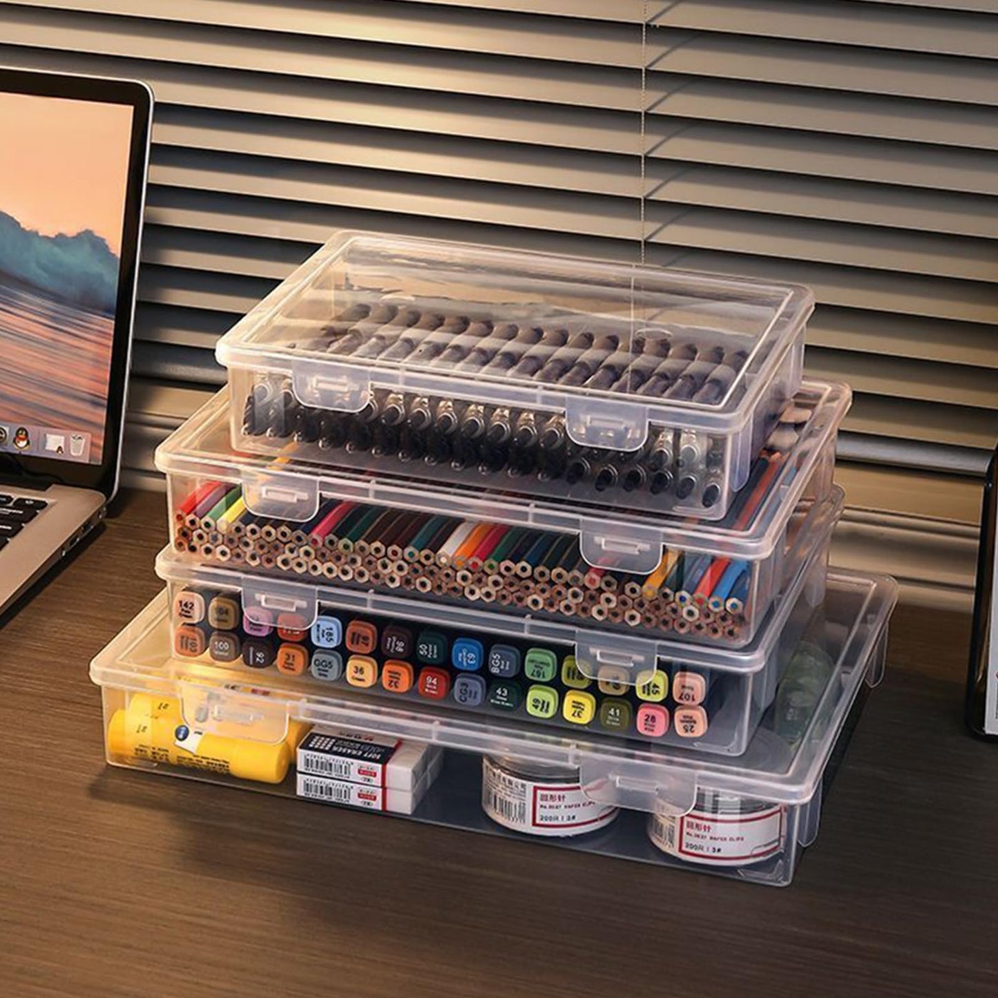WYAN 4pcs A5 Storage Boxes with Lids, Plastic Box, Stackable Storage Box, Clear Storage Boxes with Lids, for Home, Office, School to Store Files
