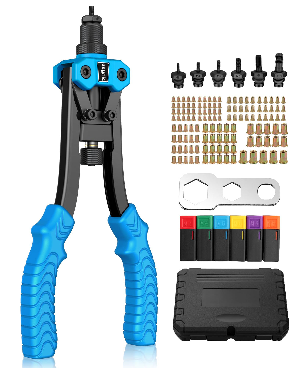eSynic Hand Rivet Nut Tool Kit 12 Inch Heavy Duty RIV Nut Gun Set Nut Riveter with 125Pcs Threaded Rivnuts M3 M4 M5 M6 M8 M10,6 Interchangeable