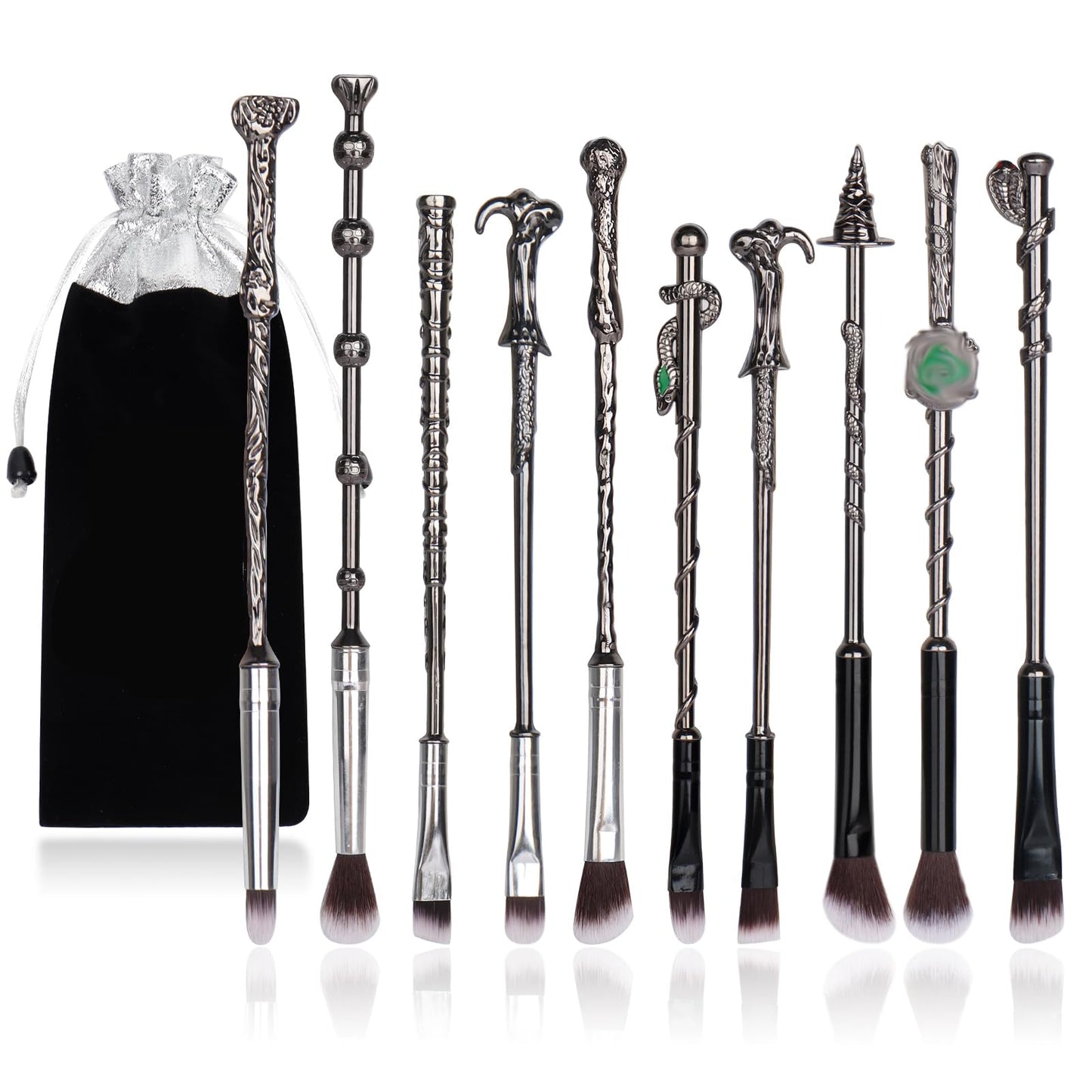 10Pcs Wizard Makeup Brushes Set,3D Silver Handle Metal Wand with Theme Bag,Anime Cosmetic Brushes for Powder Eyeshadow Lips Eyeliner,Portable Makeup