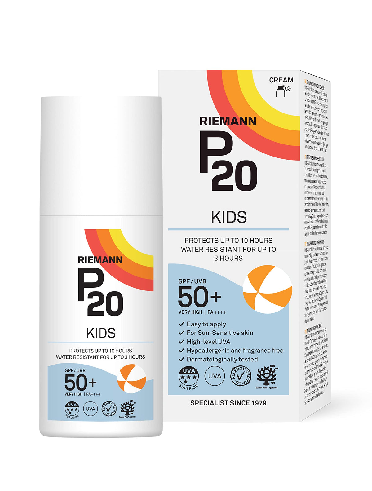 RIEMANN P20 Sun Cream SPF50 +Plus for Kids 200ml. High Level UVA Protection, Long Lasting up to 10 Hours, Water Resistant up to 3 Hours. Suitable for