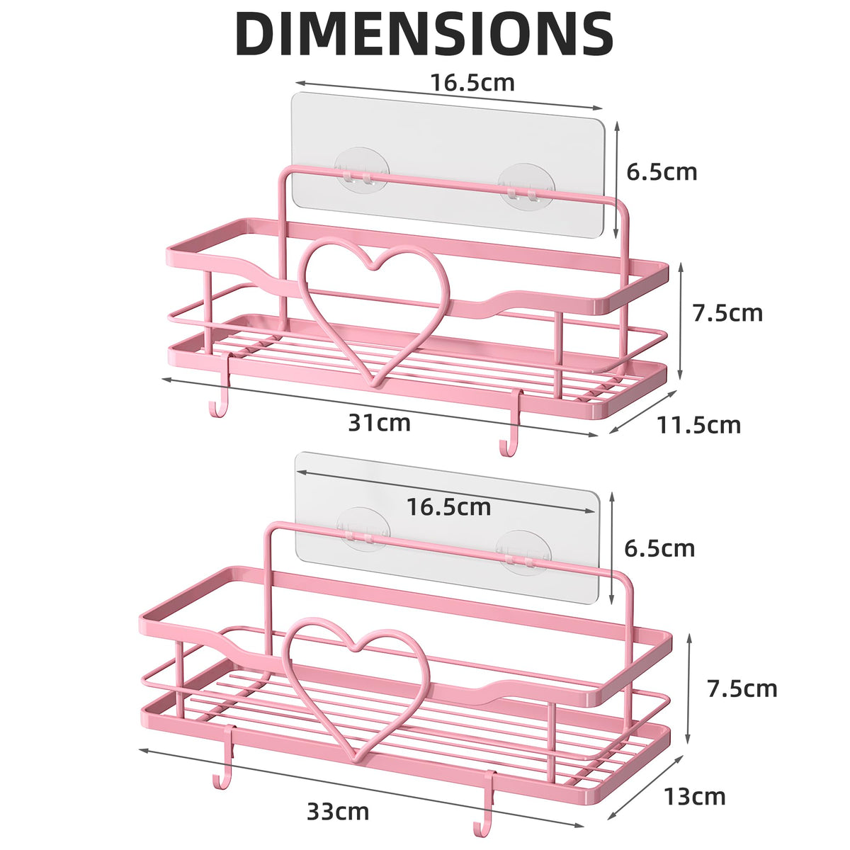 Pink Shower Caddy 2 Pack –No Drill Wall Mounted Suction Shelf for Bathroom