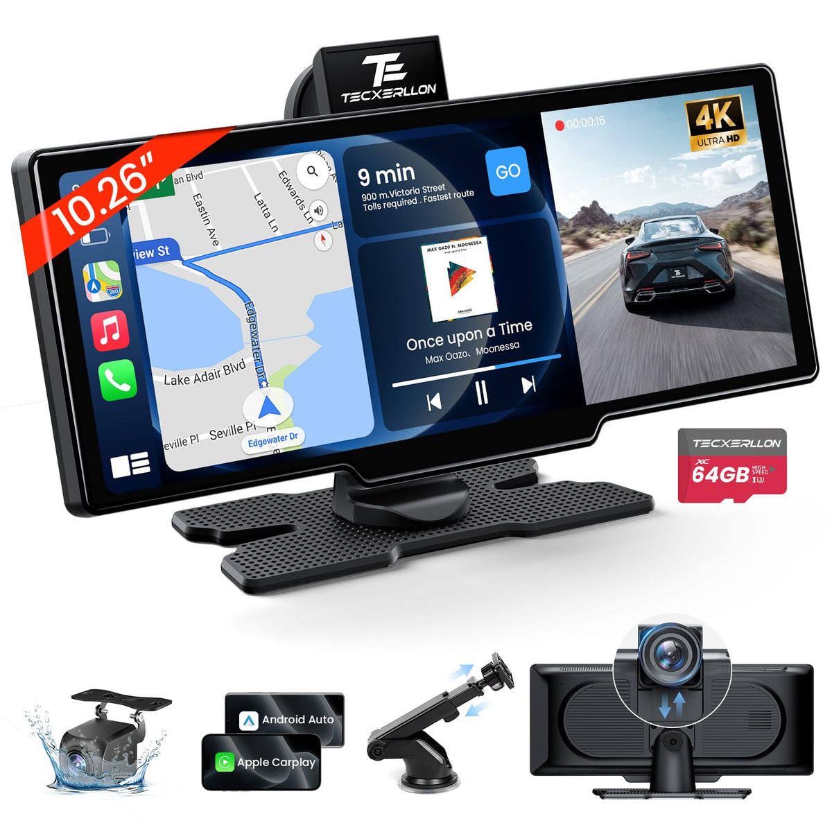 TECXERLLON 10.26'' Wireless Carplay & Android Auto, Apple Car play Screen with 4K Front & 1080P Rear Camera, Car Tablet Pro Max Touchscreen, 64G with