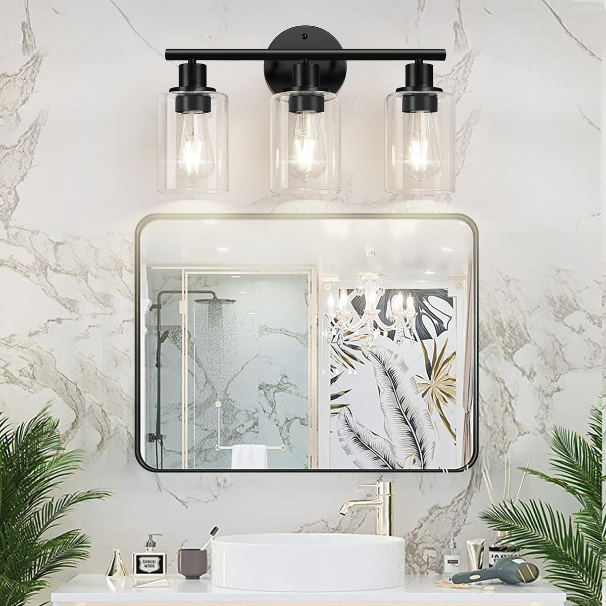 ZASTION 3-Light Bathroom Light Fixtures, Black Bathroom Wall Lights, Modern Bathroom Vanity Light with Clear Glass Shade, Bathroom Wall Lamp for